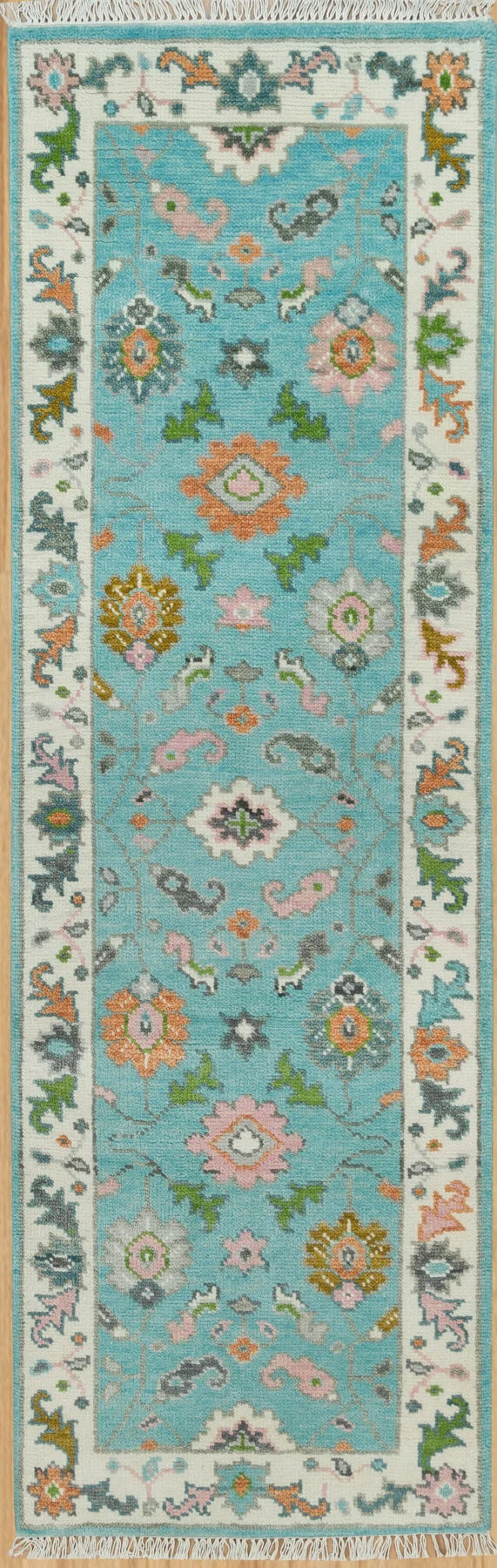 Aqua & Coral Hand-Knotted Floral Rug – Palmette & Rosette (3754)
