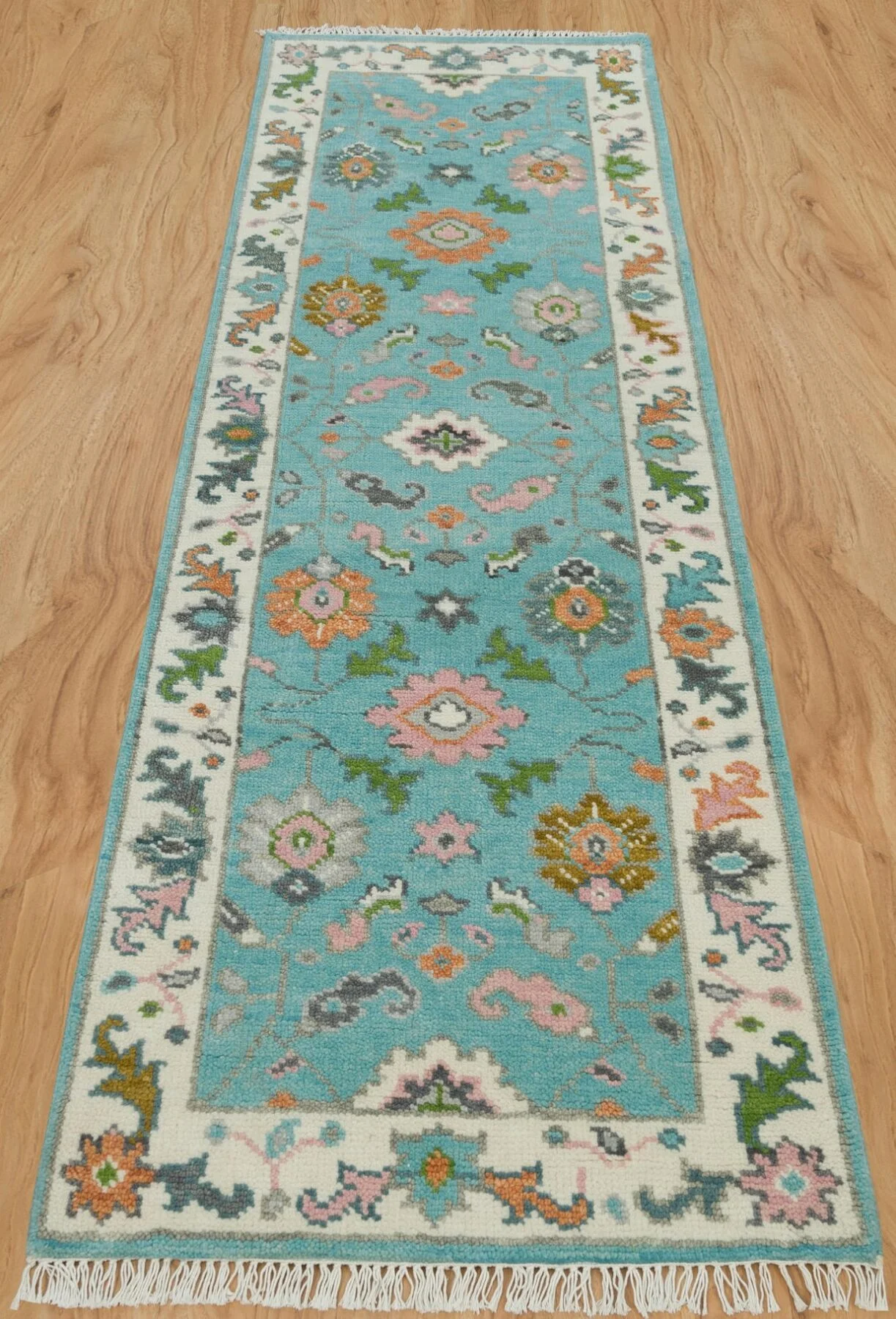 Aqua & Coral Hand-Knotted Floral Rug – Palmette & Rosette (3754)