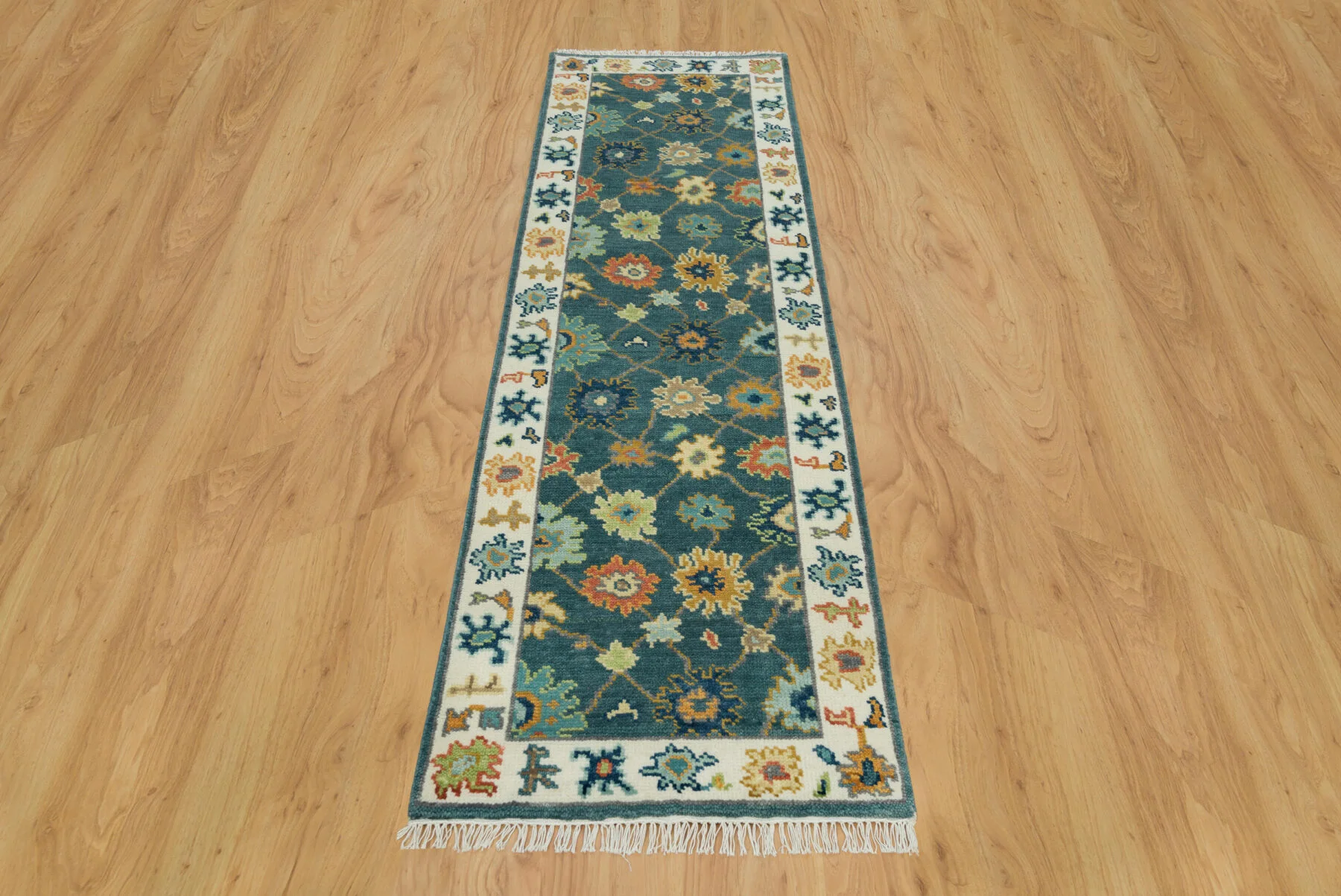 Teal Hand-Knotted Floral Rug – Rosette & Palmette