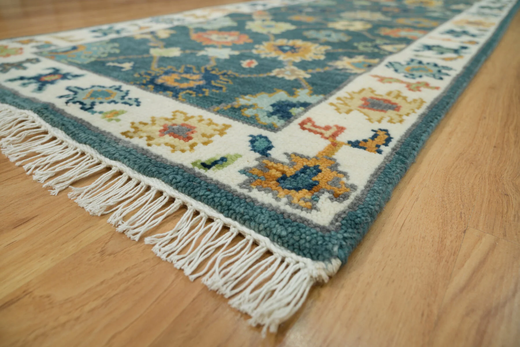 Teal Hand-Knotted Floral Rug – Rosette & Palmette