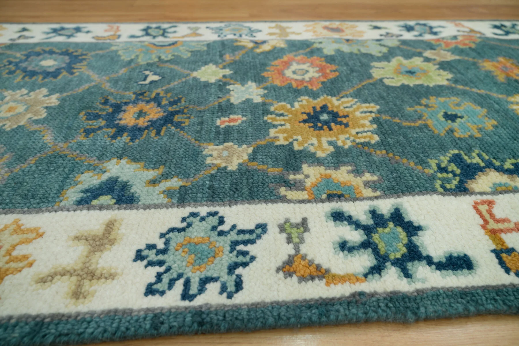 Teal Hand-Knotted Floral Rug – Rosette & Palmette