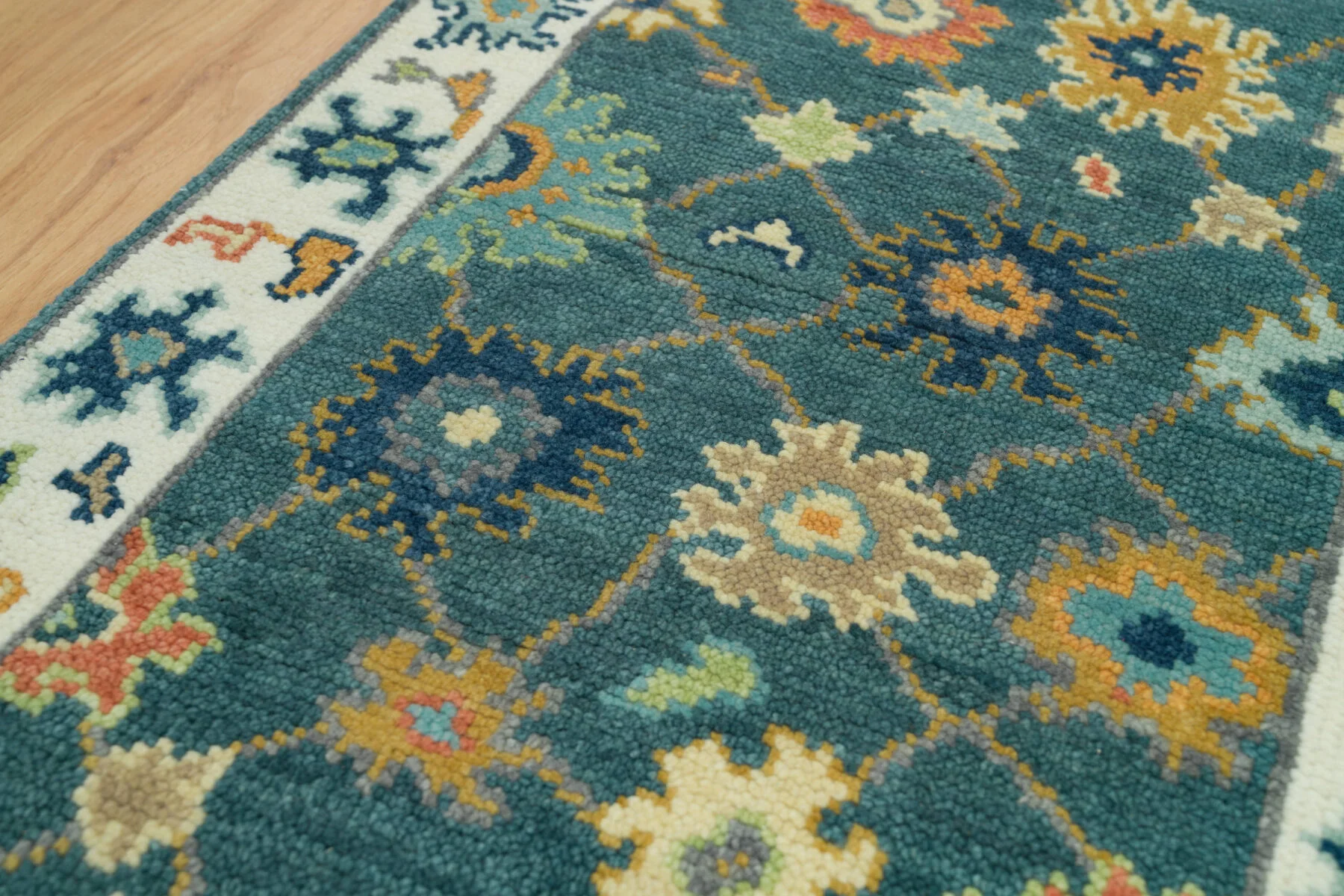 Teal Hand-Knotted Floral Rug – Rosette & Palmette