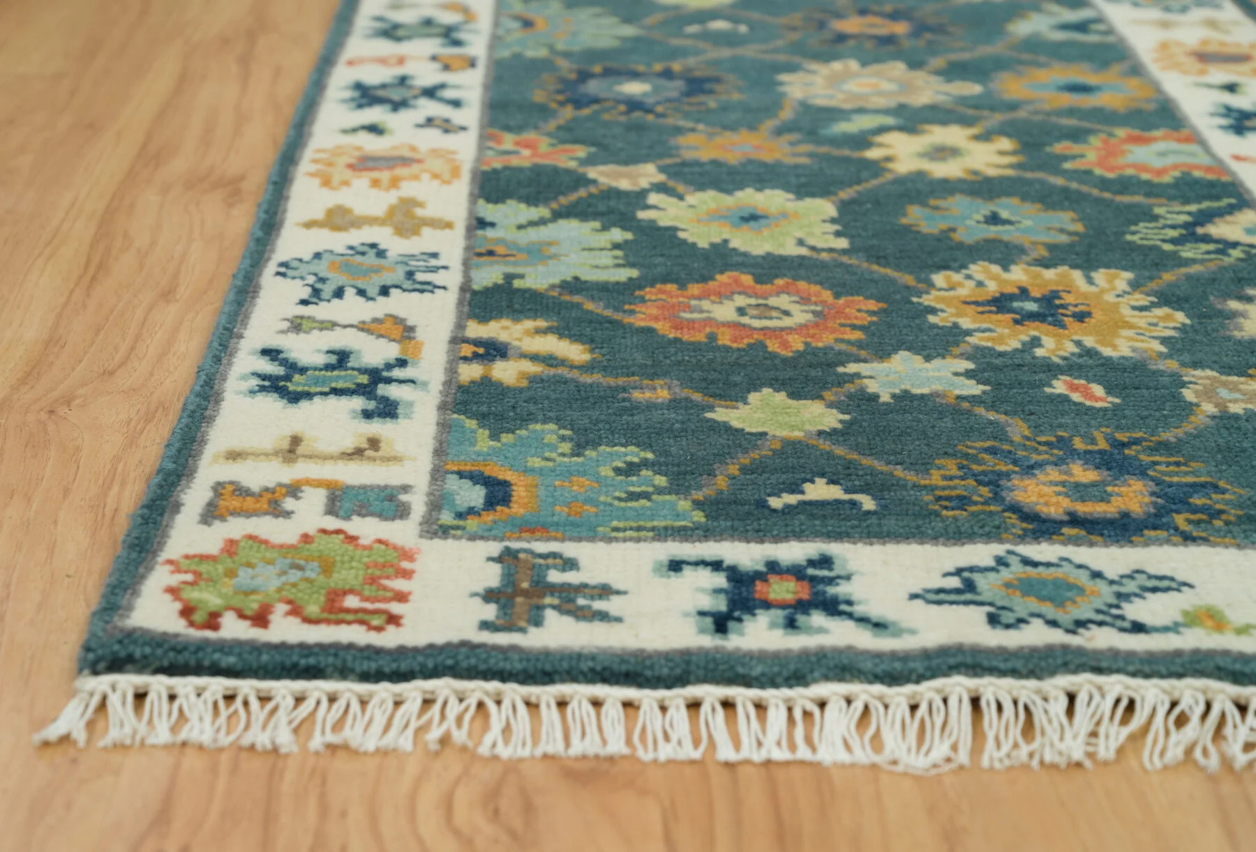 Teal Hand-Knotted Floral Rug – Rosette & Palmette