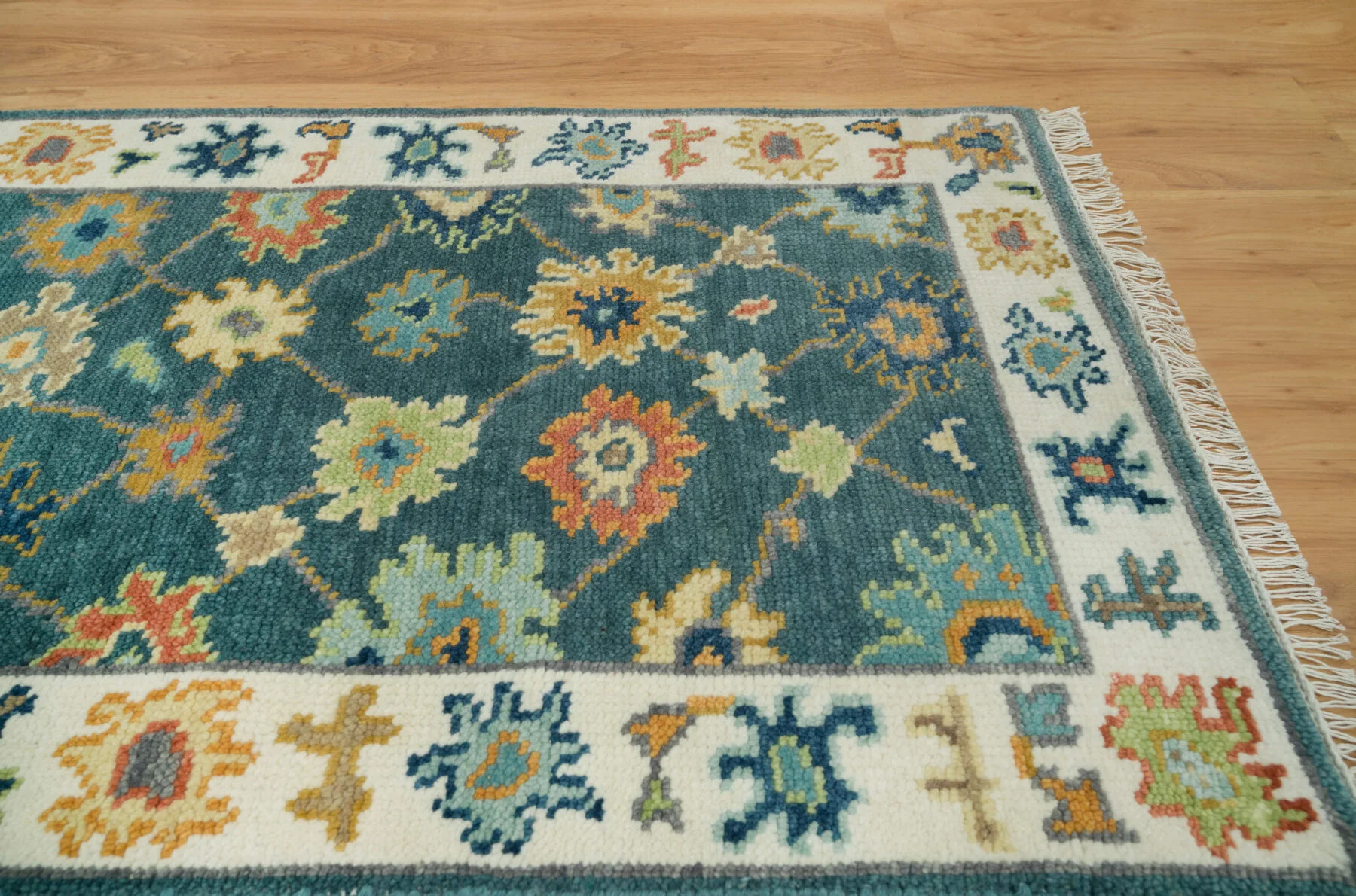 Teal Hand-Knotted Floral Rug – Rosette & Palmette