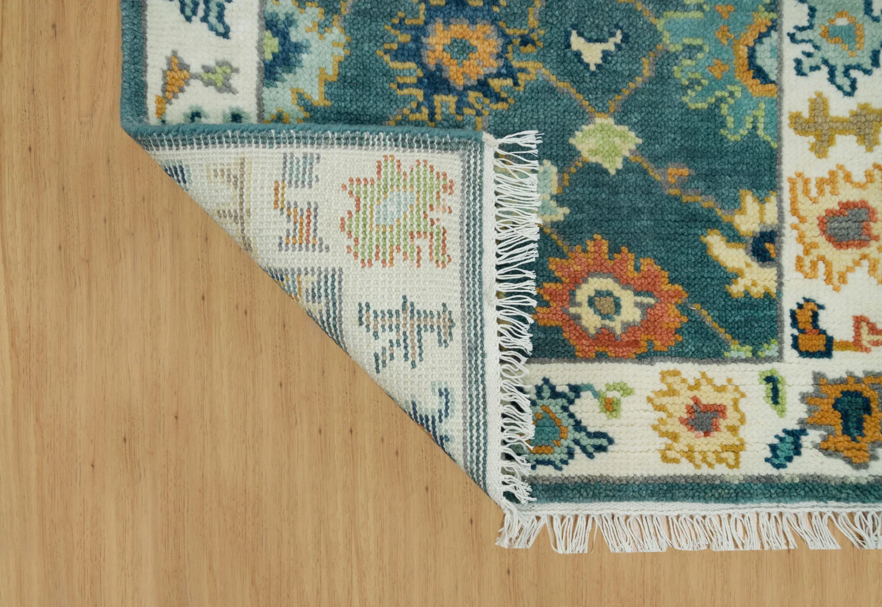 Teal Hand-Knotted Floral Rug – Rosette & Palmette