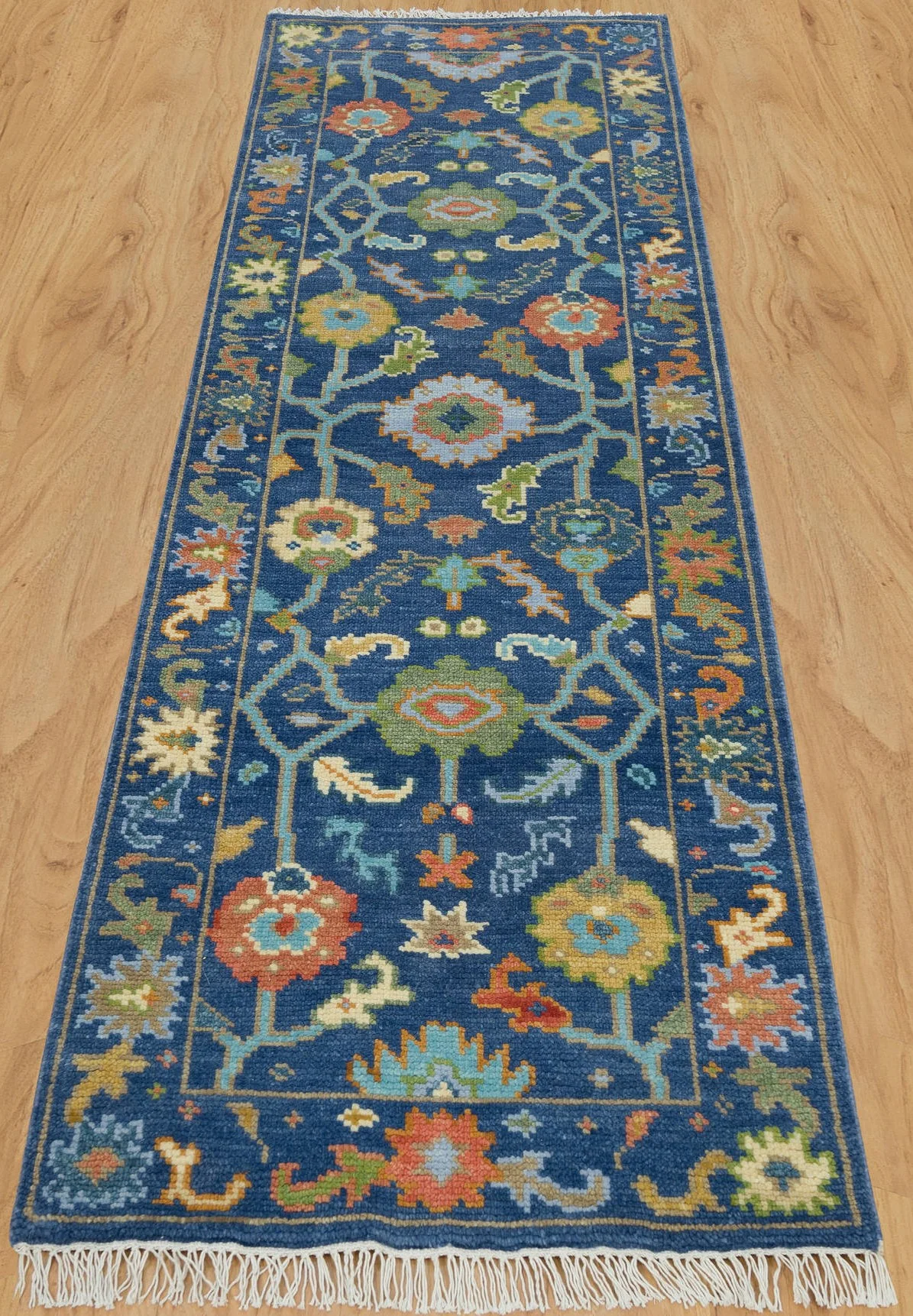 Navy & Green Hand-Knotted Floral Rug – Palmette & Rosette