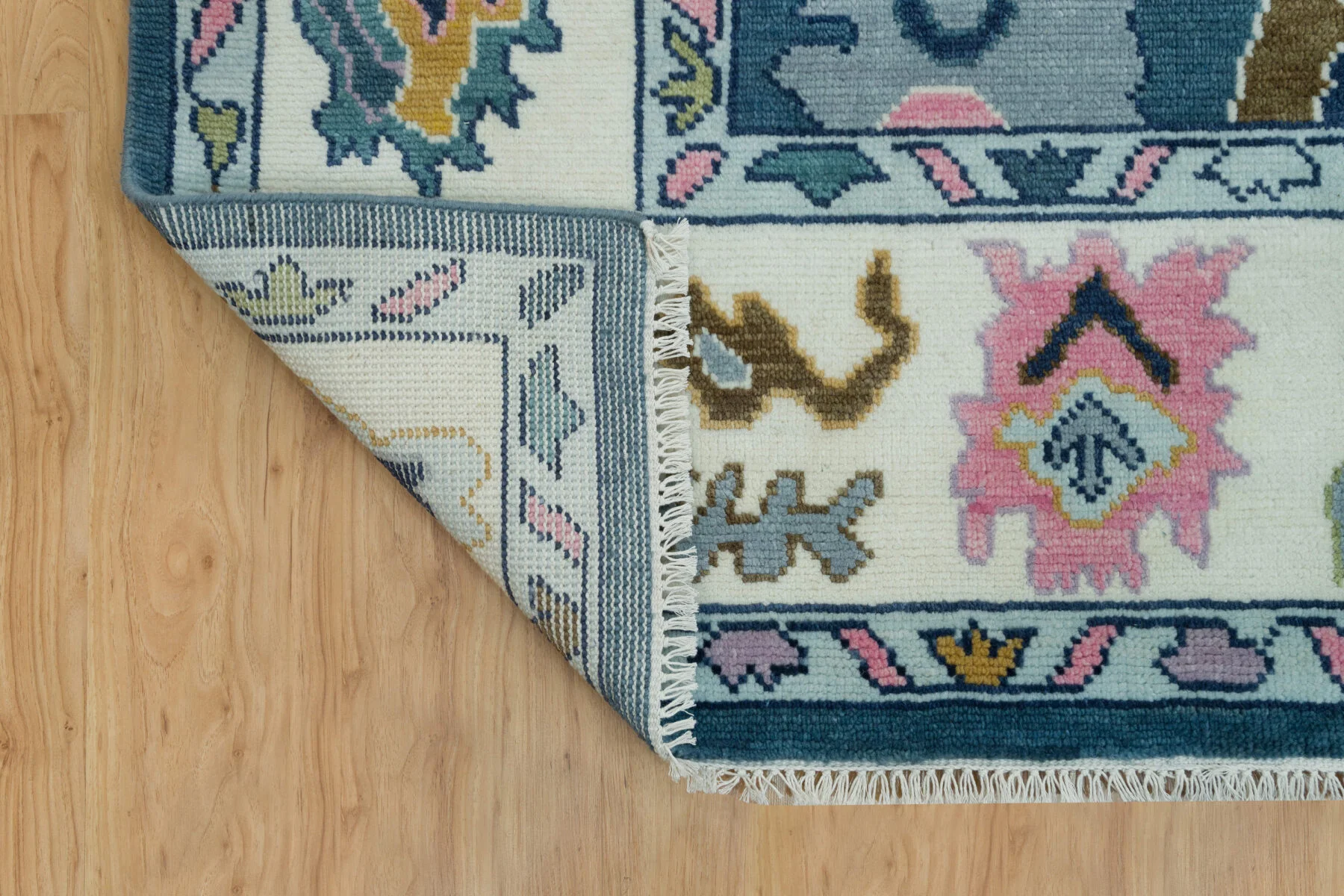 Blue & Coral Hand-Knotted Floral Rug – Palmette & Abstract Floral (3759)