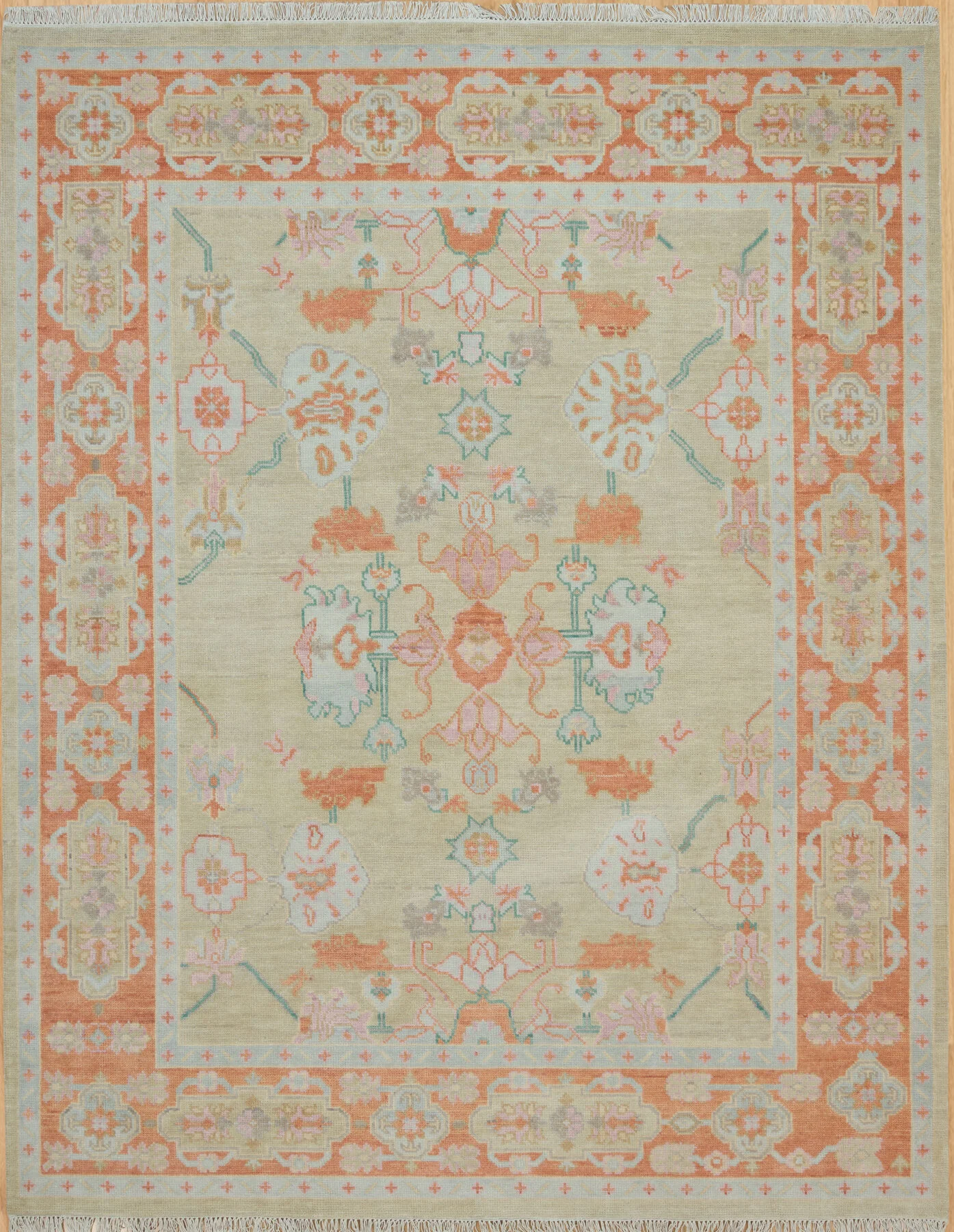 Beige & Coral Hand-Knotted Floral Rug – Palmette & Rosette