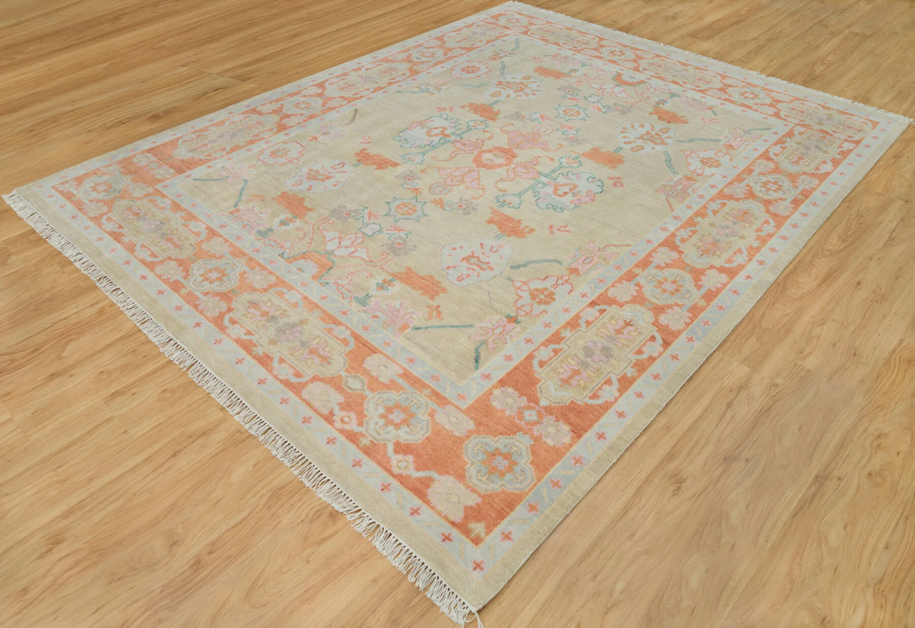 Beige & Coral Hand-Knotted Floral Rug – Palmette & Rosette