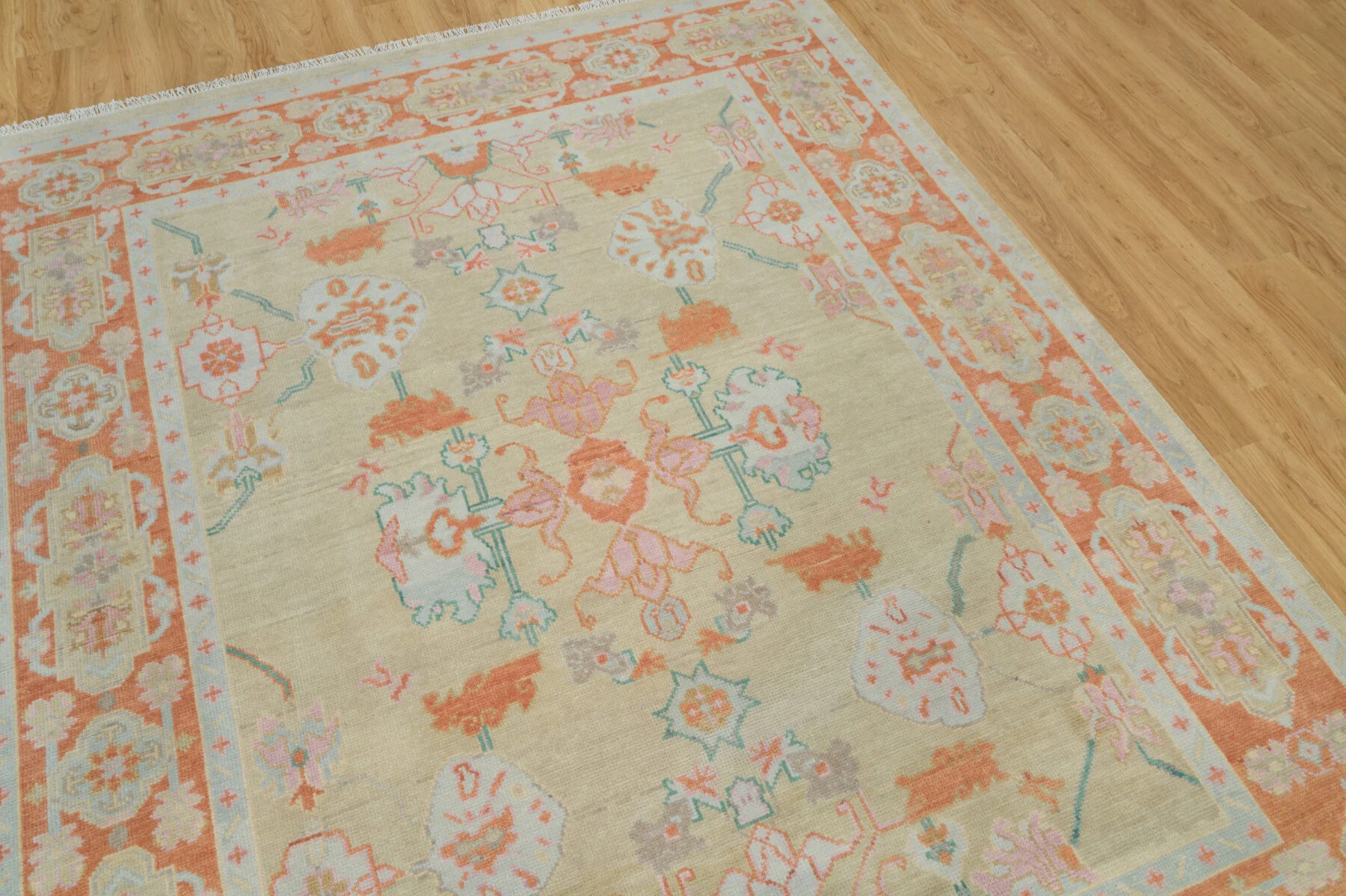 Beige & Coral Hand-Knotted Floral Rug – Palmette & Rosette