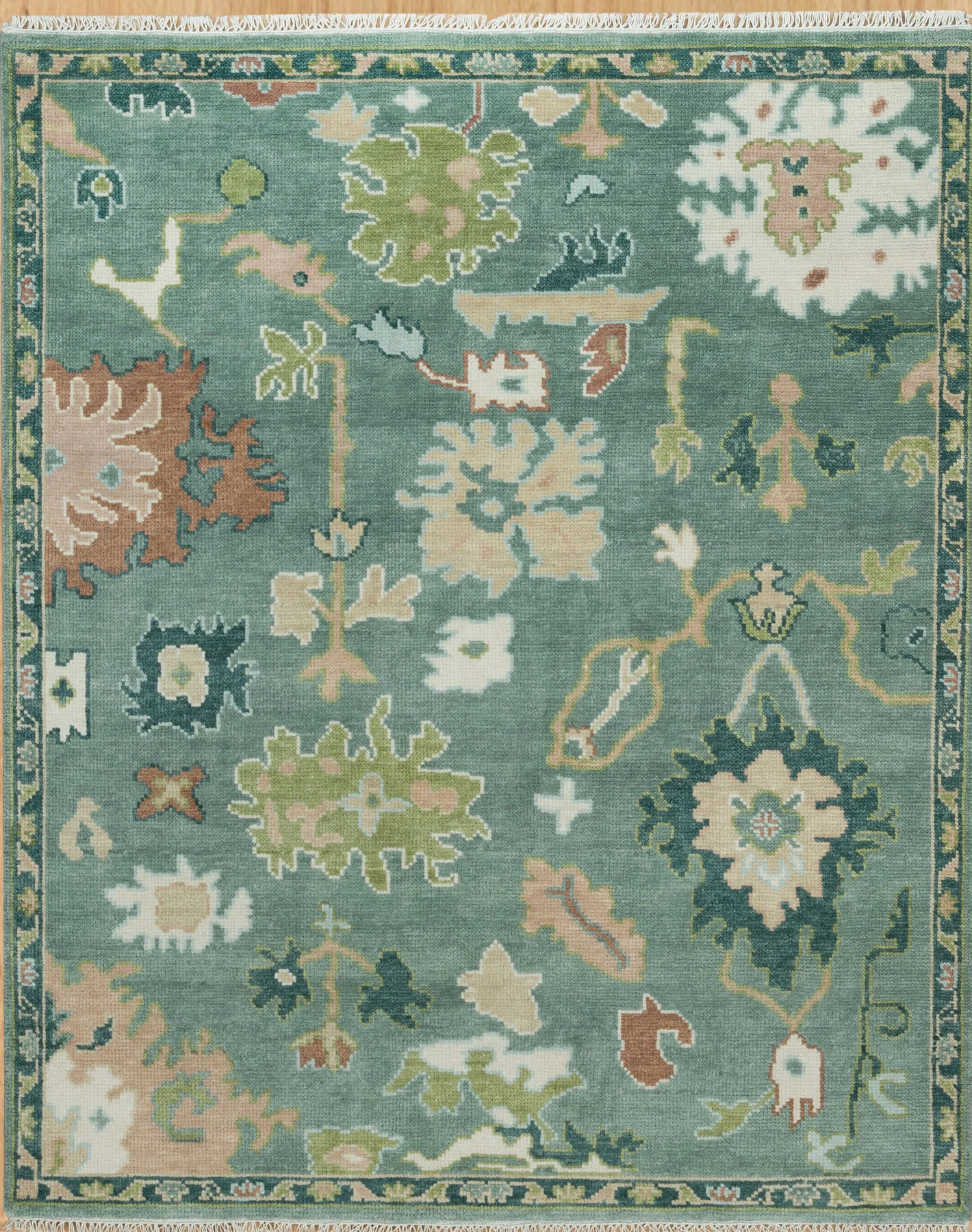 Sage Hand-Knotted Floral Rug – Palmette & Leaf