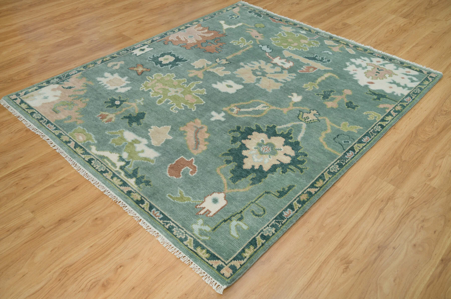 Sage Hand-Knotted Floral Rug – Palmette & Leaf