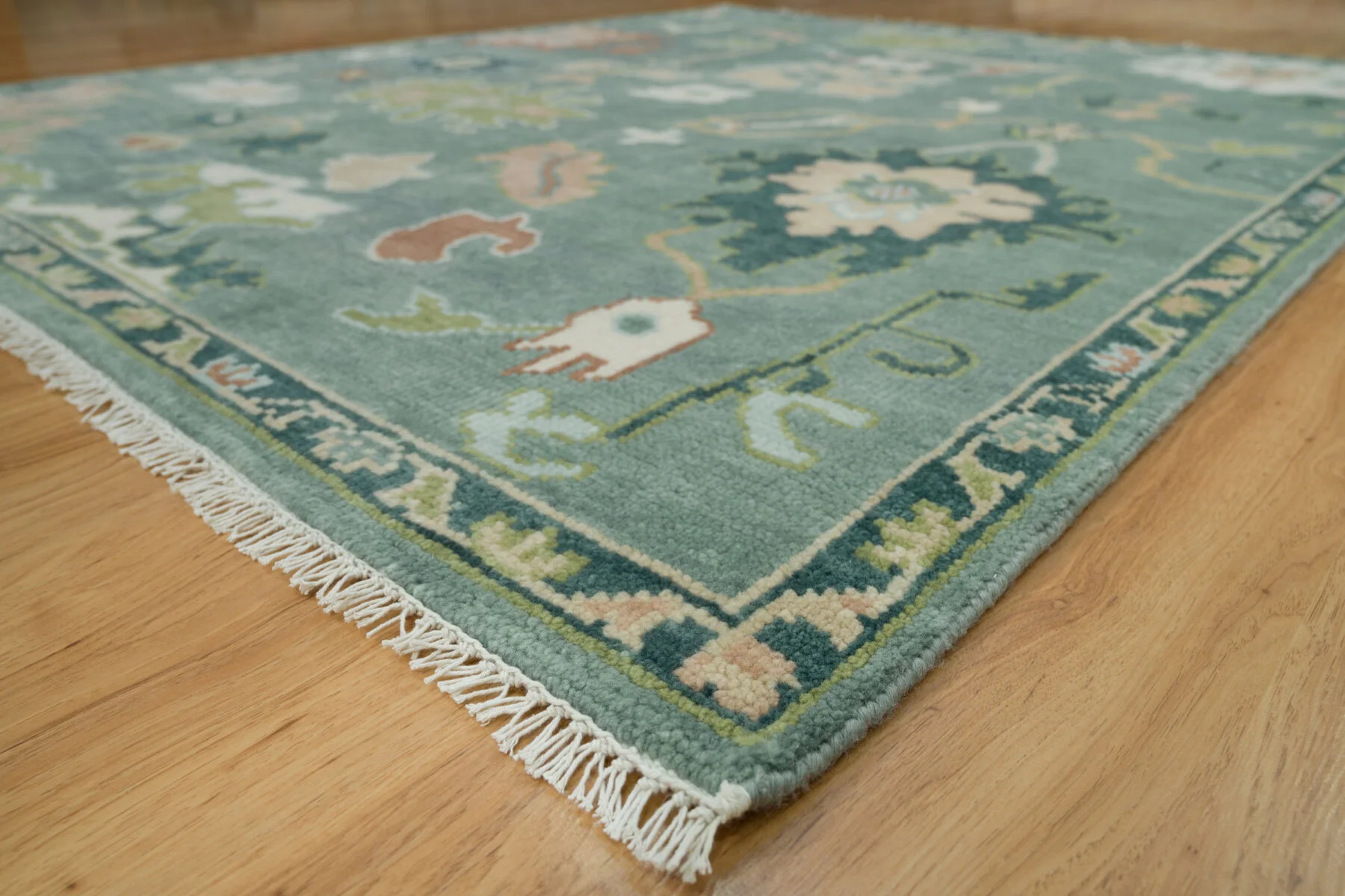 Sage Hand-Knotted Floral Rug – Palmette & Leaf