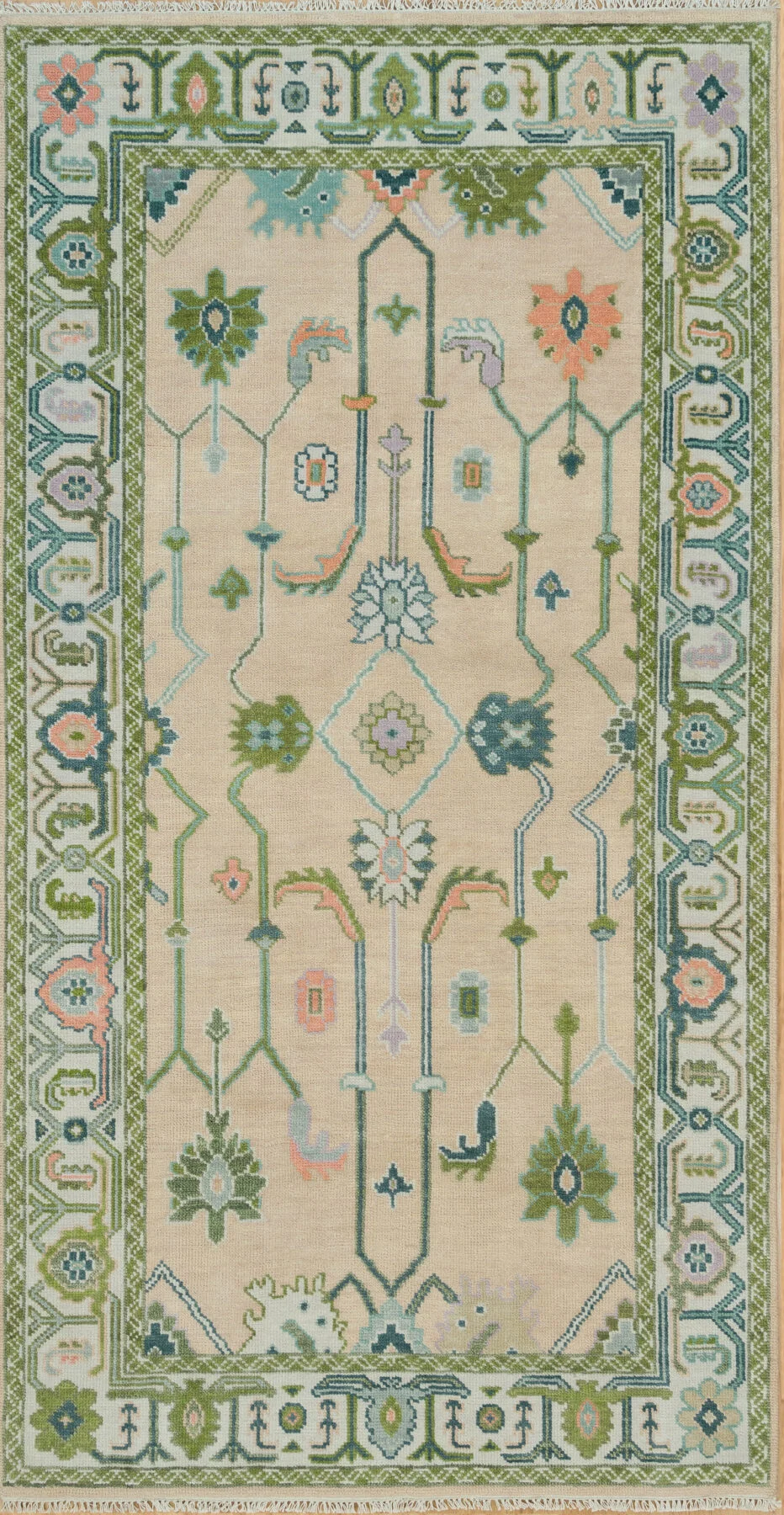 Beige & Green Hand-Knotted Floral Rug – Palmette & Rosette
