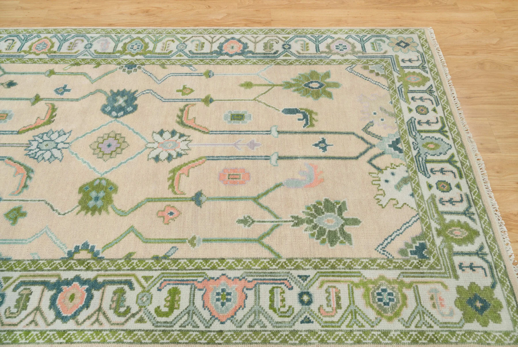 Beige & Green Hand-Knotted Floral Rug – Palmette & Rosette