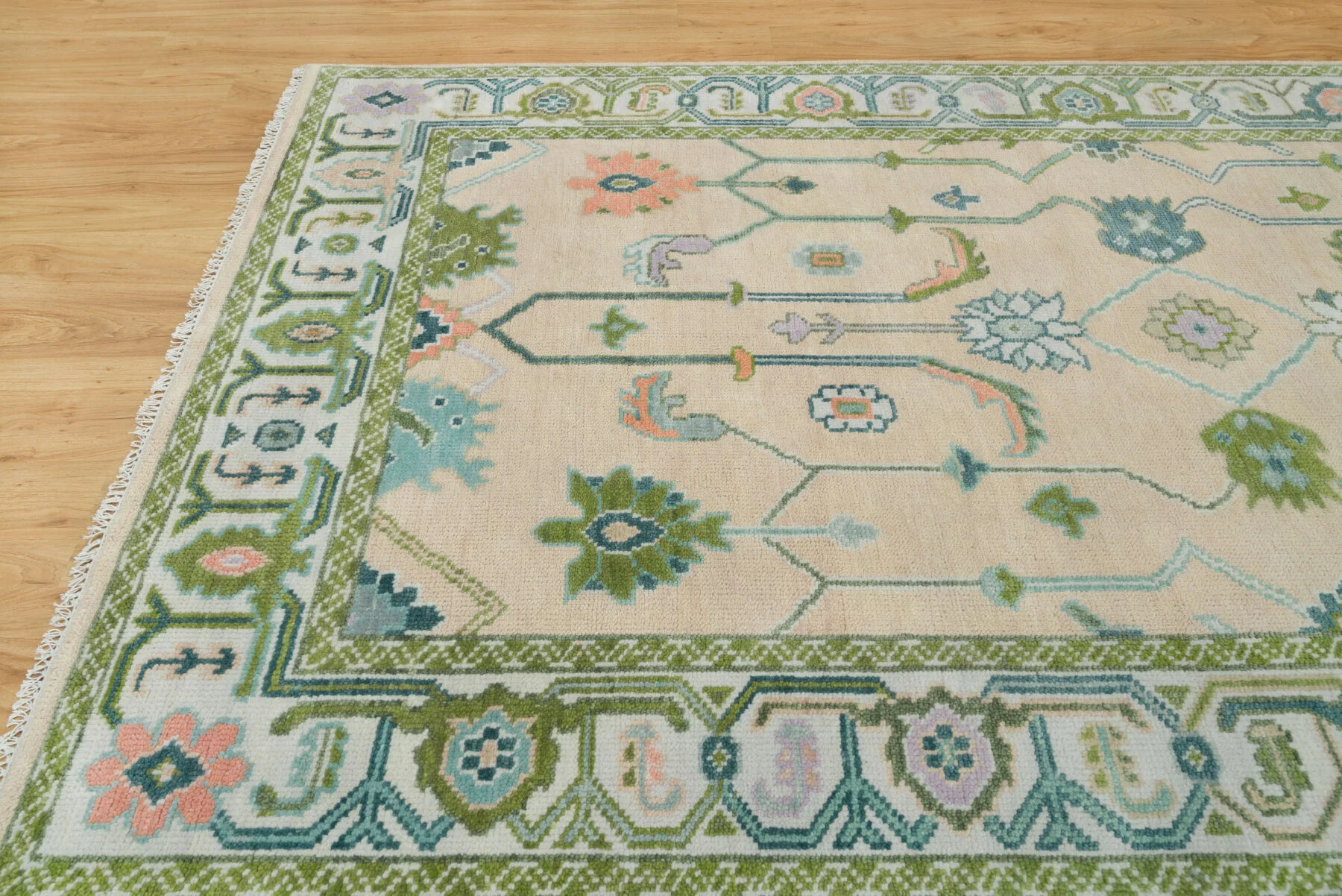 Beige & Green Hand-Knotted Floral Rug – Palmette & Rosette