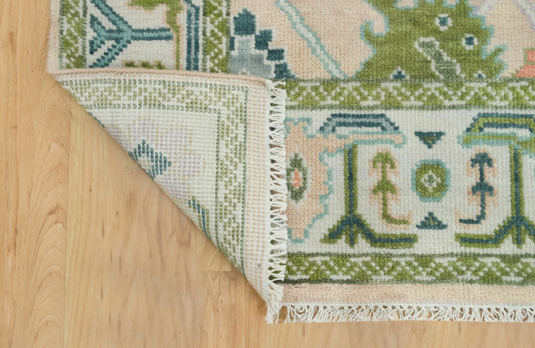 Beige & Green Hand-Knotted Floral Rug – Palmette & Rosette