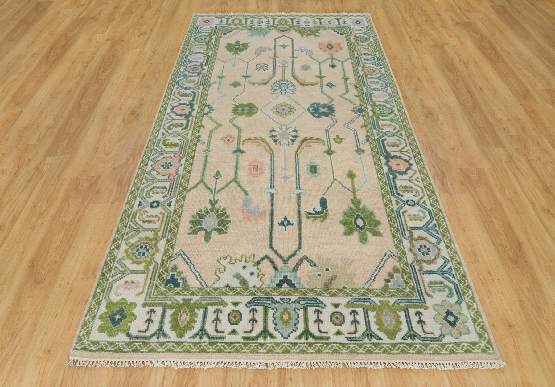 Beige & Green Hand-Knotted Floral Rug – Palmette & Rosette