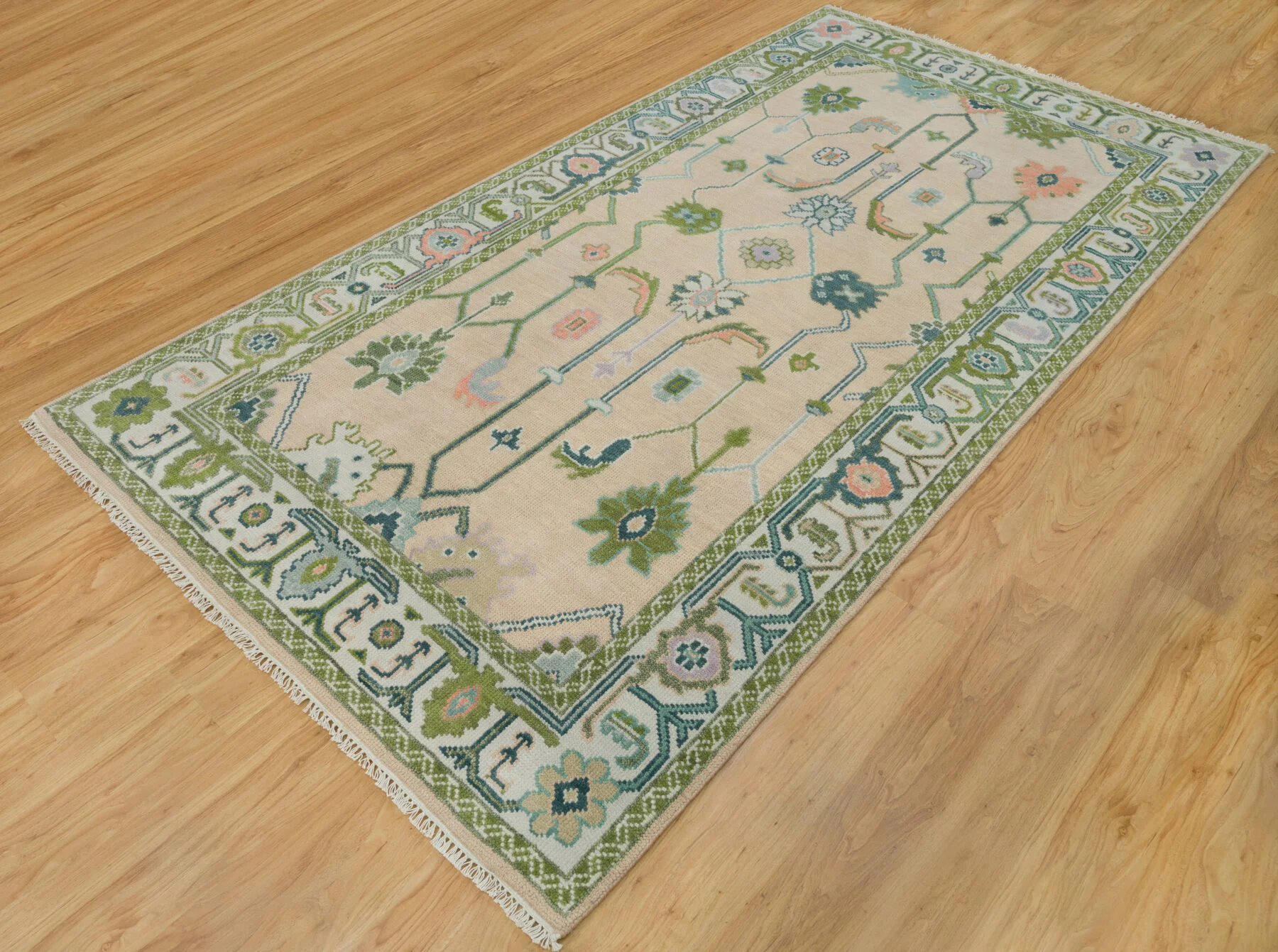 Beige & Green Hand-Knotted Floral Rug – Palmette & Rosette