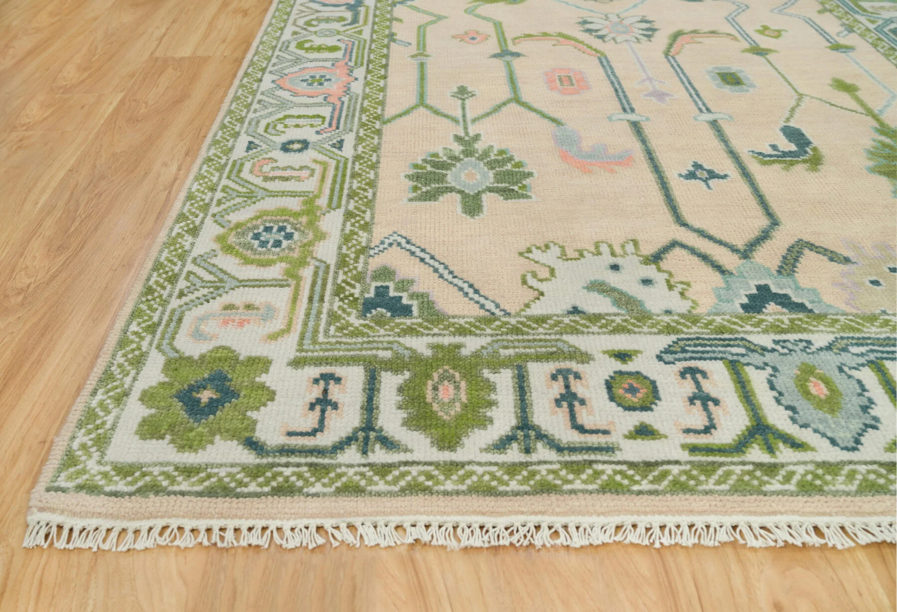 Beige & Green Hand-Knotted Floral Rug – Palmette & Rosette