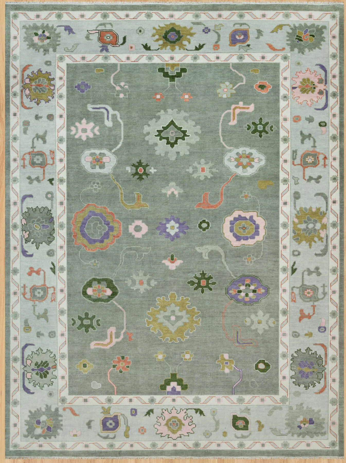 Sage & Ivory Hand-Knotted Floral Rug – Palmette & Rosette (3773)