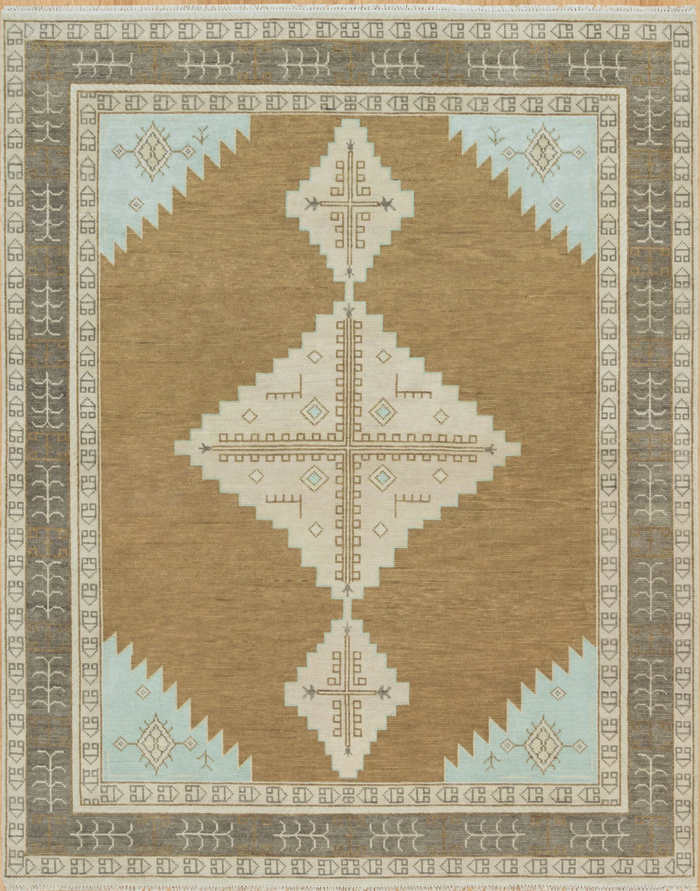 Camel Hand-Knotted Geometric Rug – Stepped Diamond & Medallion