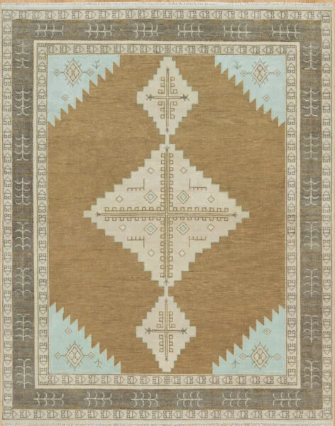 Hand-knotted modern Oushak wool rug with a camel field, two large stepped ivory diamond medallions, a blue accent band, and a grey geometric border.