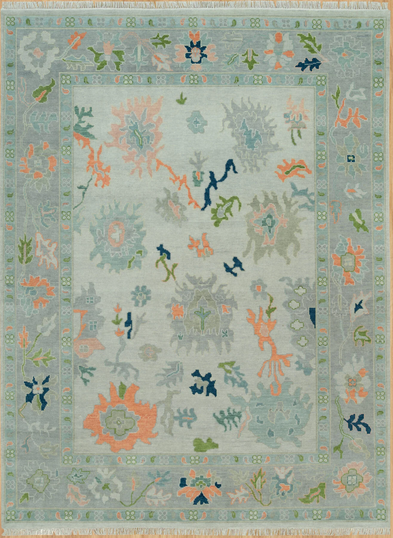 Sage & Coral Hand-Knotted Floral Rug – Palmette & Rosette