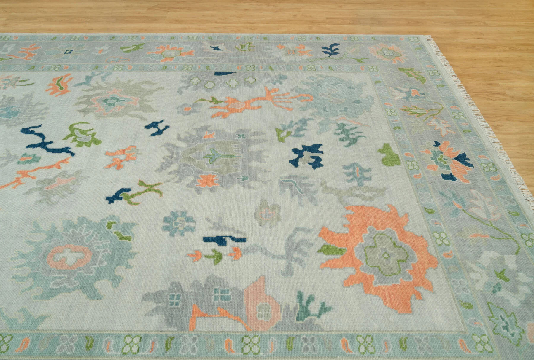Sage & Coral Hand-Knotted Floral Rug – Palmette & Rosette