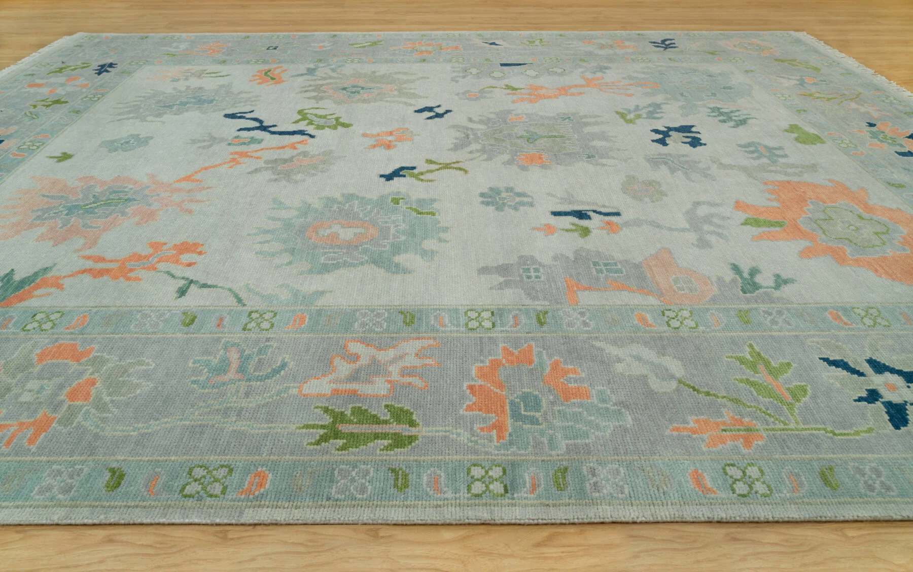 Sage & Coral Hand-Knotted Floral Rug – Palmette & Rosette