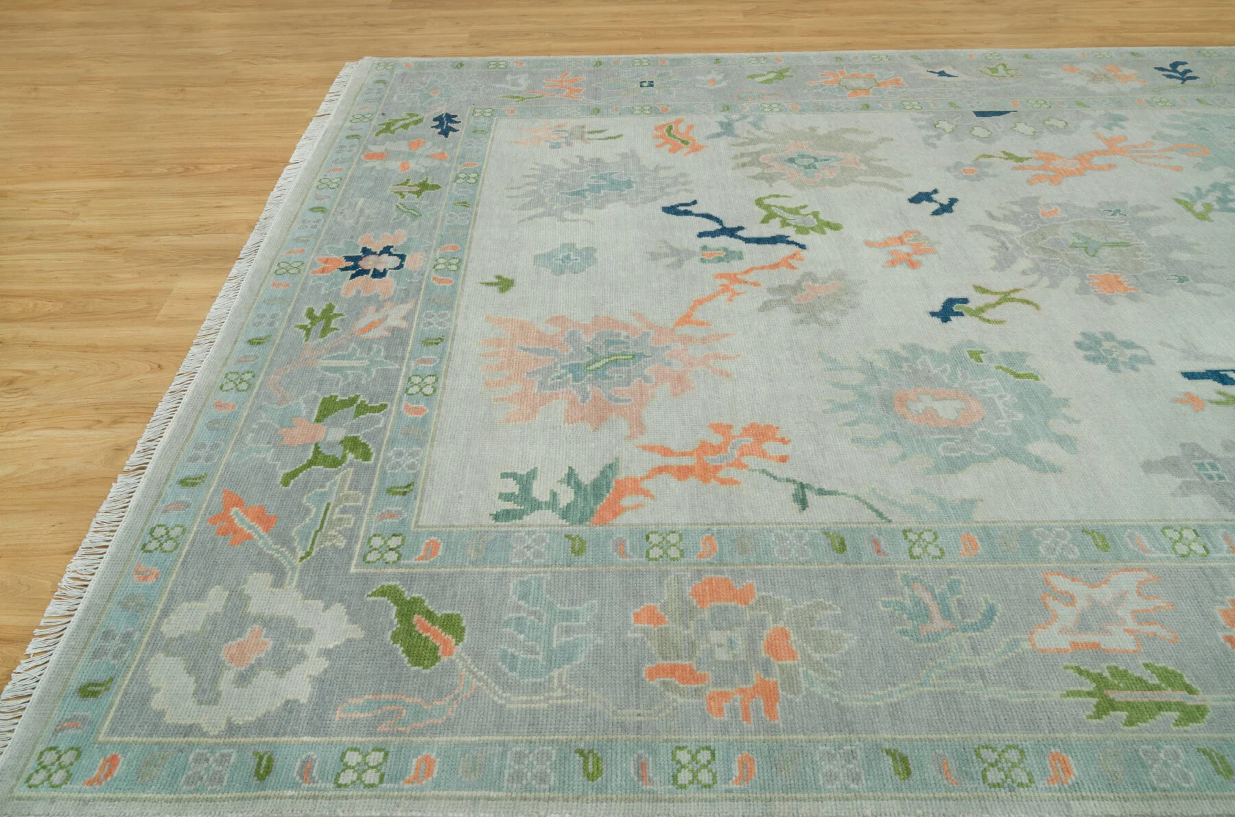 Sage & Coral Hand-Knotted Floral Rug – Palmette & Rosette