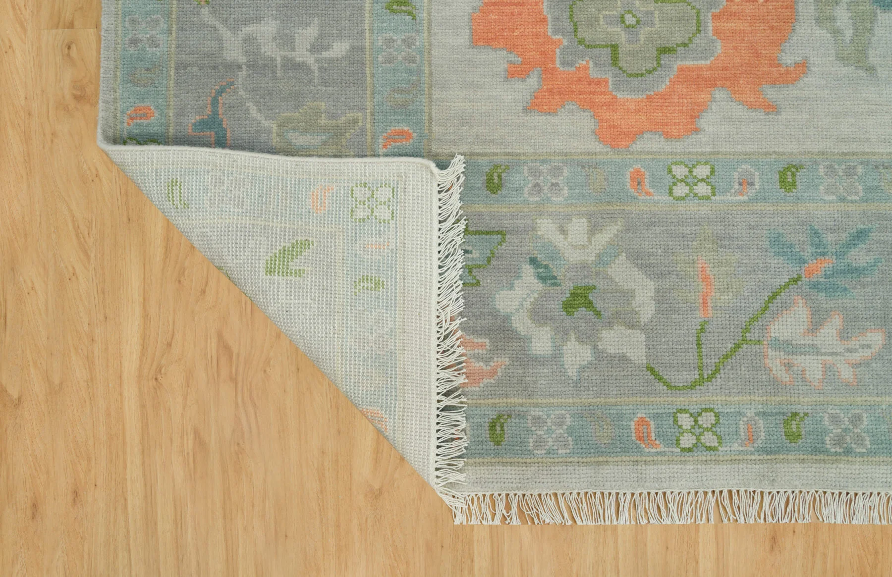 Sage & Coral Hand-Knotted Floral Rug – Palmette & Rosette