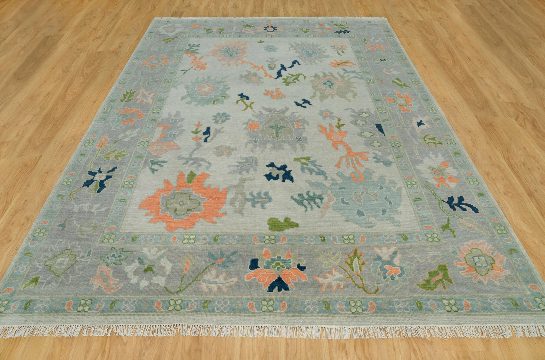 Sage & Coral Hand-Knotted Floral Rug – Palmette & Rosette
