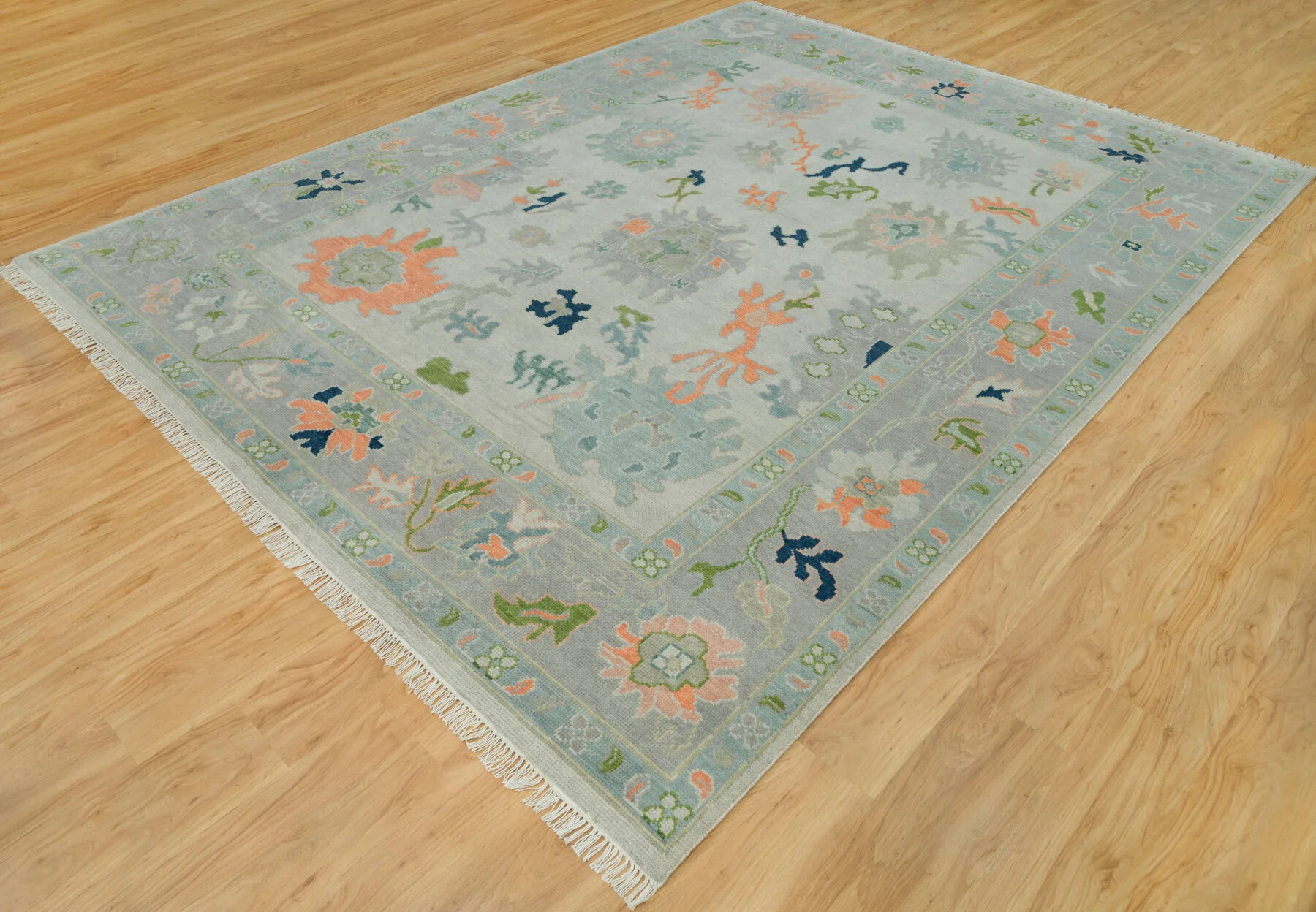 Sage & Coral Hand-Knotted Floral Rug – Palmette & Rosette