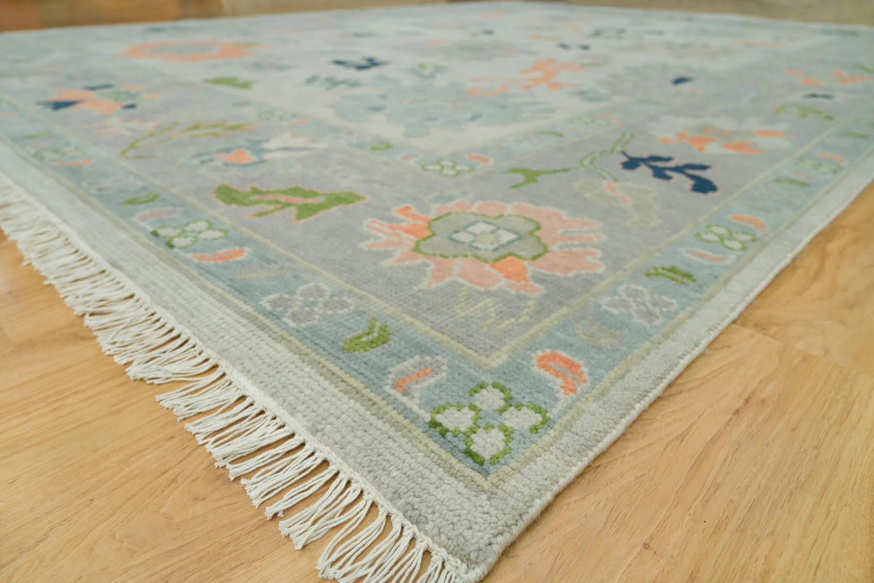 Sage & Coral Hand-Knotted Floral Rug – Palmette & Rosette