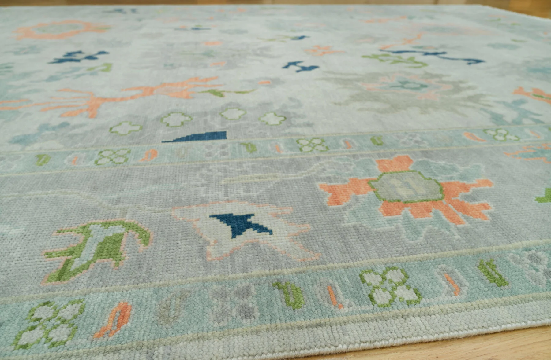 Sage & Coral Hand-Knotted Floral Rug – Palmette & Rosette