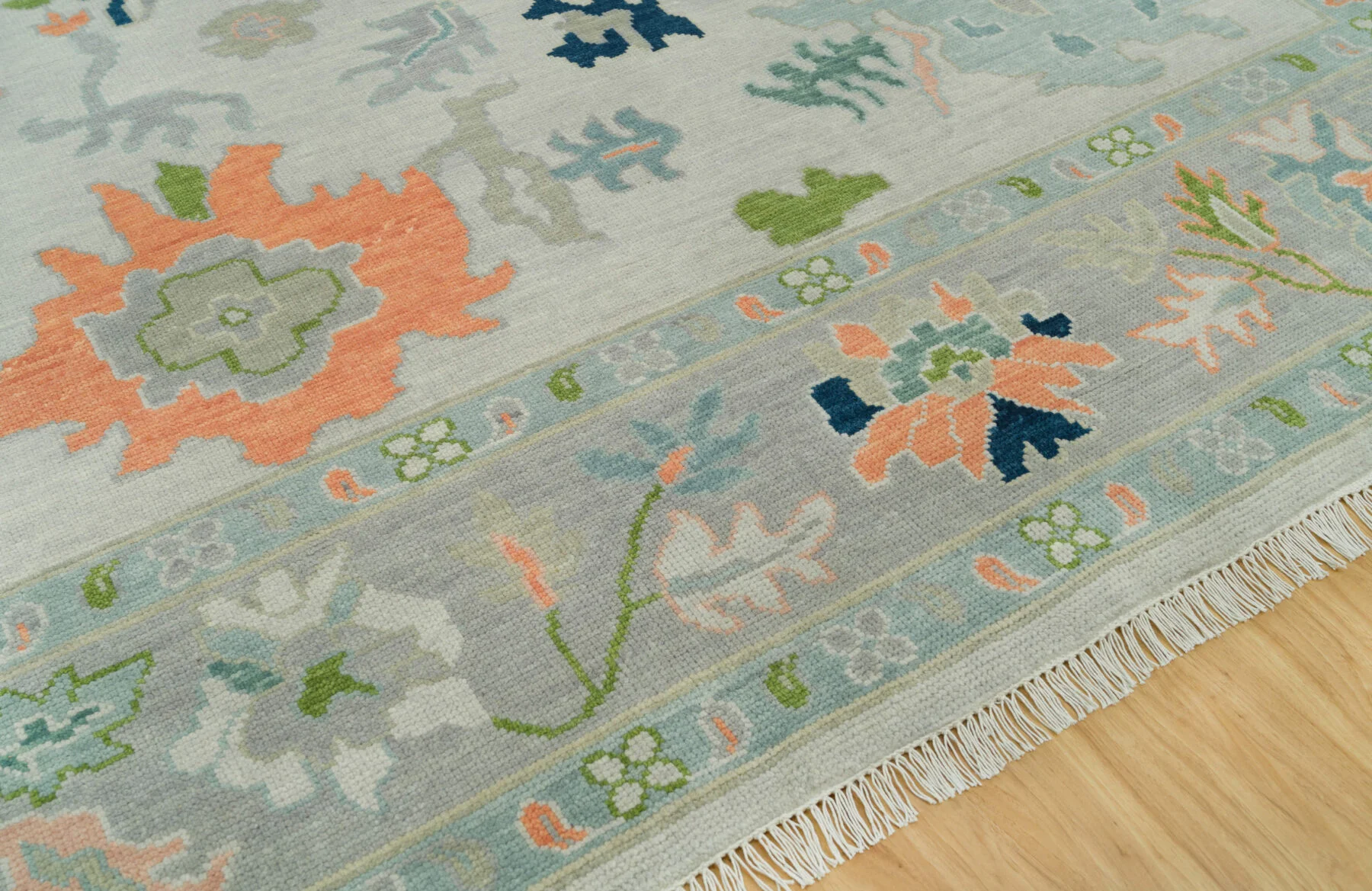 Sage & Coral Hand-Knotted Floral Rug – Palmette & Rosette