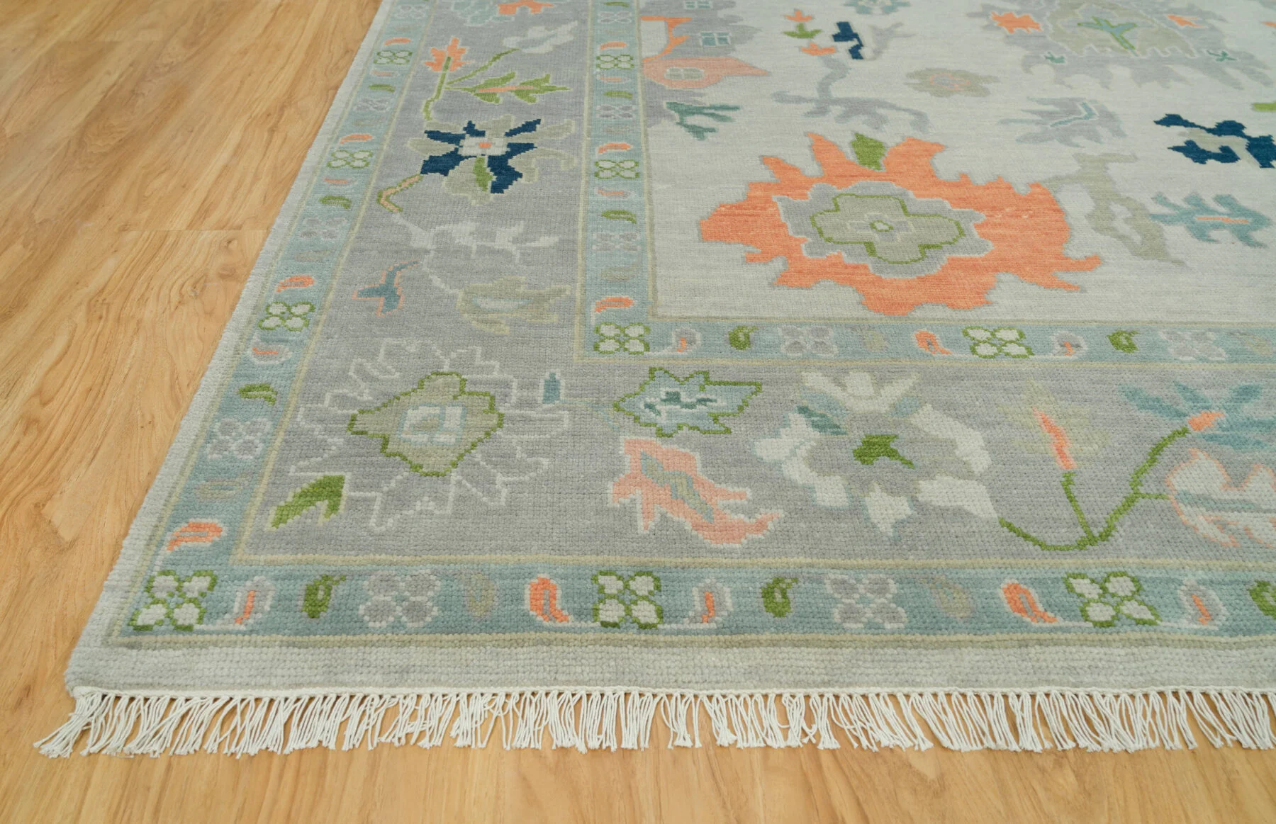 Sage & Coral Hand-Knotted Floral Rug – Palmette & Rosette
