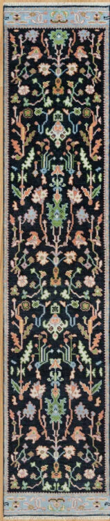 Hand-knotted wool oushak runner with a deep navy field, narrow blue border, and dense medium-scale palmettes, vines, and rosettes in coral, green, blush, and blue.
