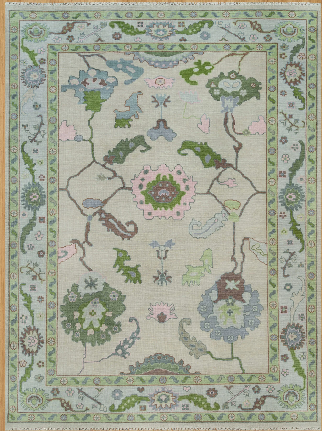 Sage & Blush Hand-Knotted Oushak Rug – Palmette & Rosette (3779)