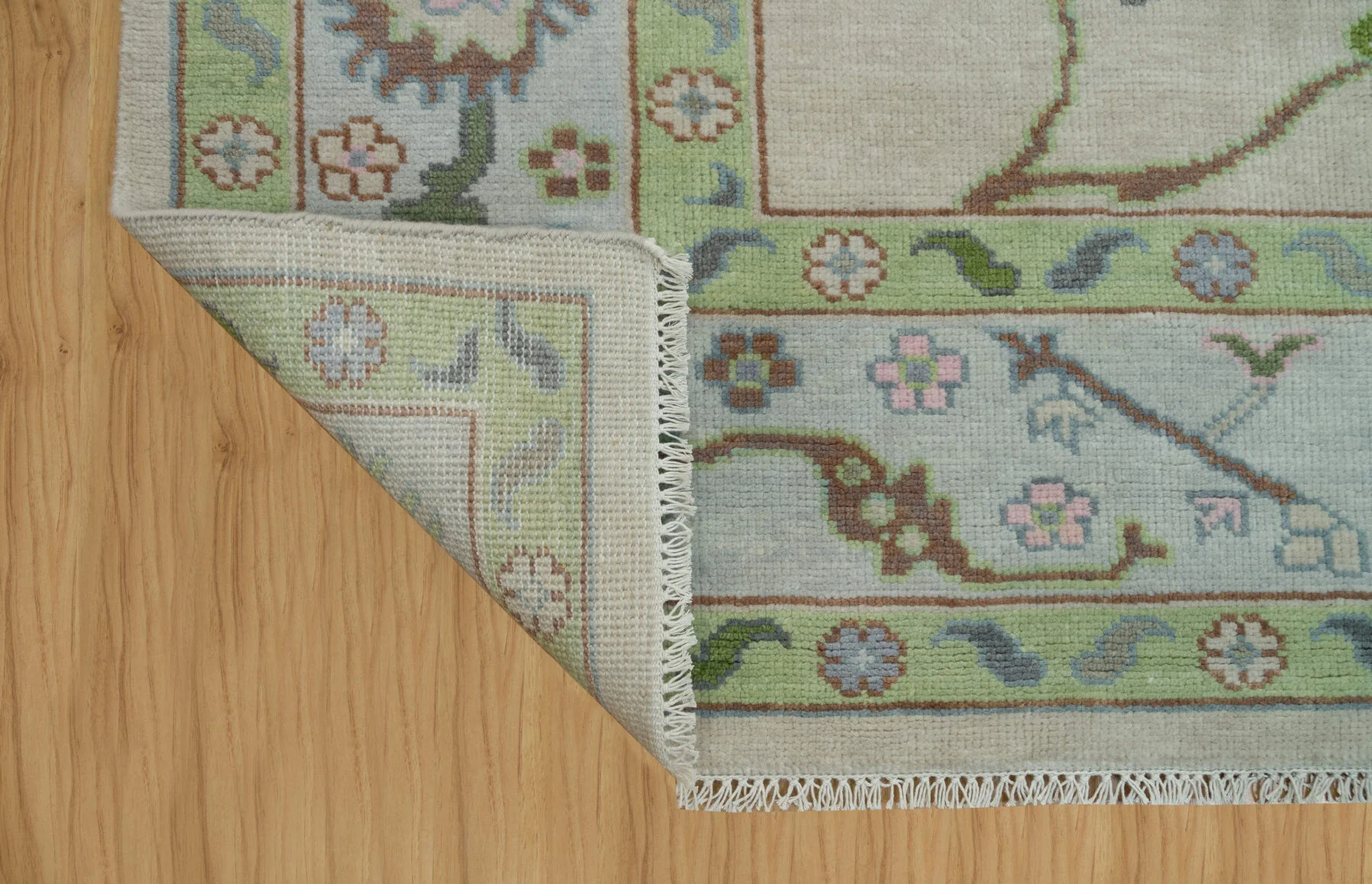 Sage & Blush Hand-Knotted Oushak Rug – Palmette & Rosette (3779)