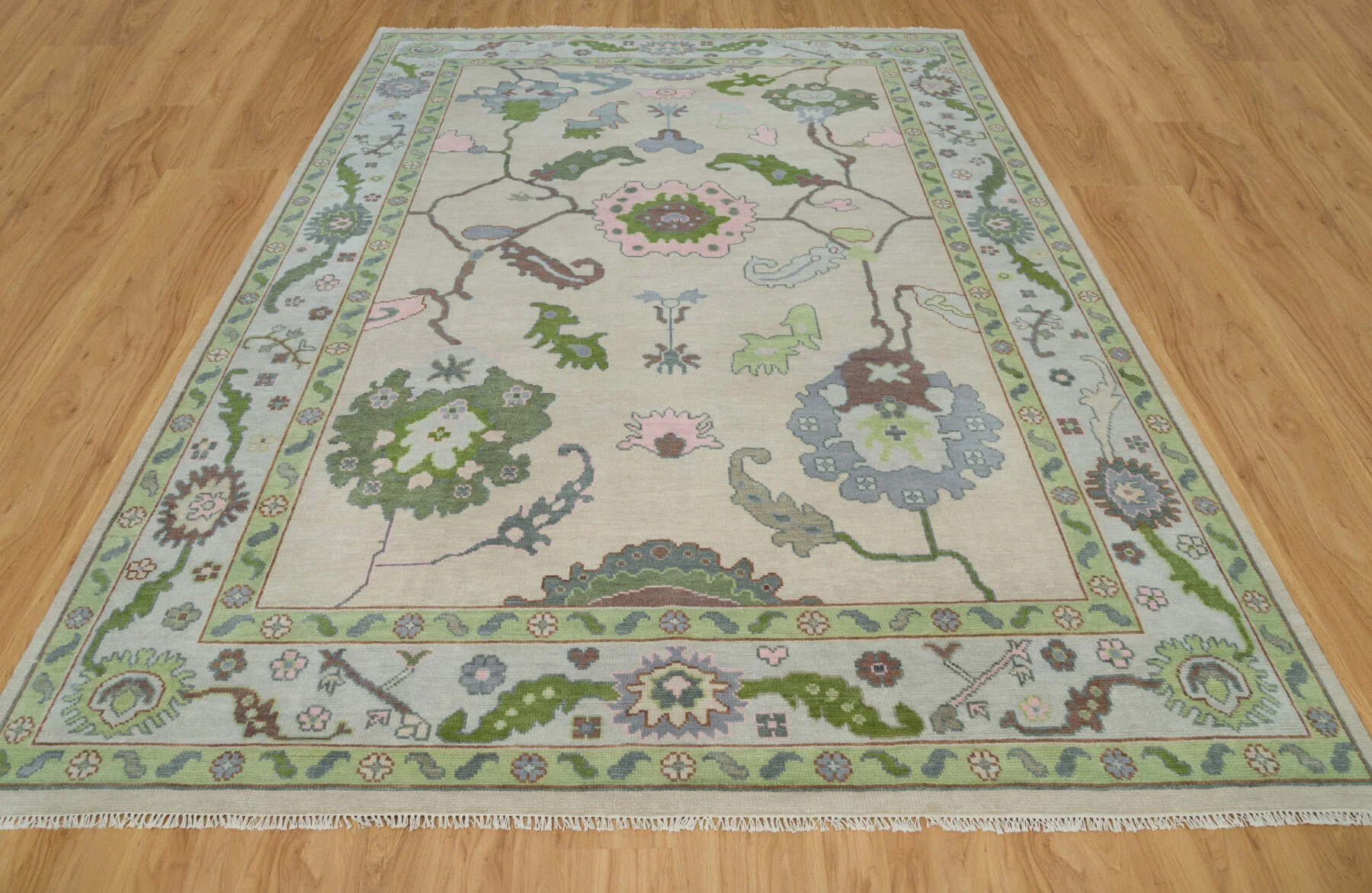 Sage & Blush Hand-Knotted Oushak Rug – Palmette & Rosette (3779)