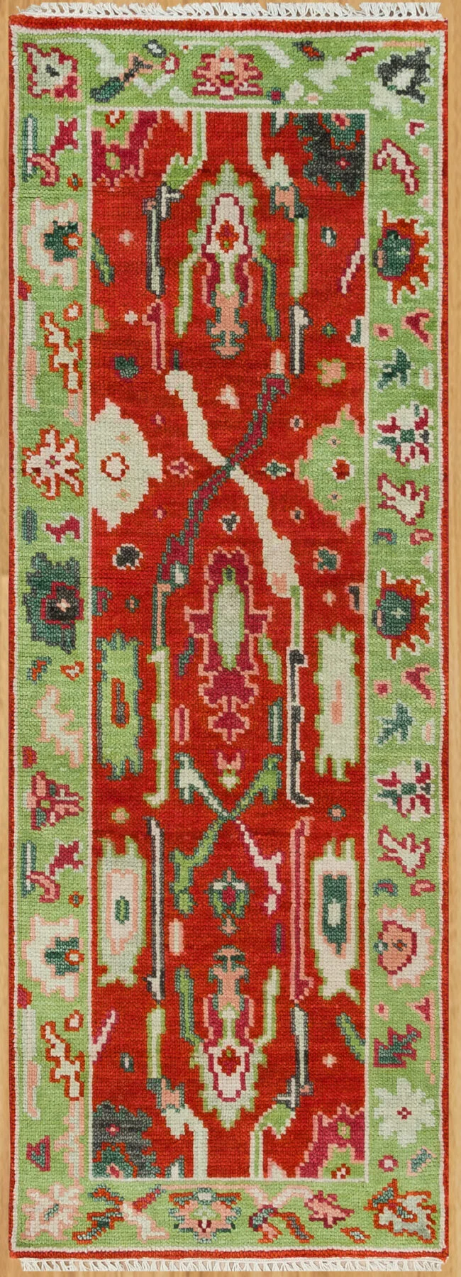 Red Hand-Knotted Oushak Rug – Palmette & Rosette