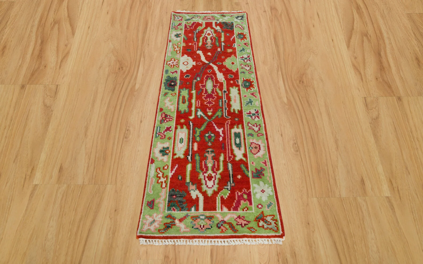 Red Hand-Knotted Oushak Rug – Palmette & Rosette