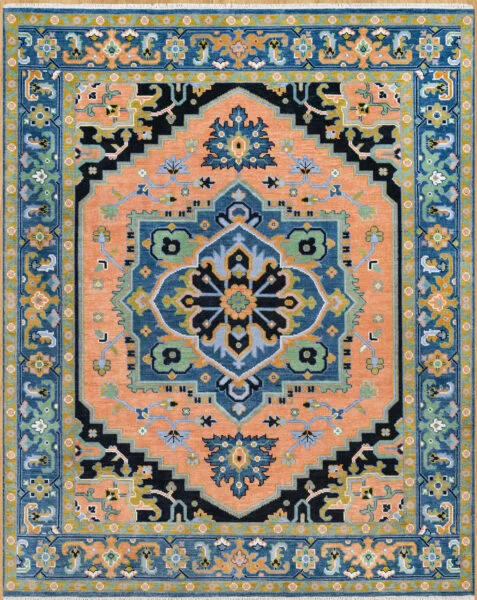 Hand-knotted wool oushak rug with a rich coral field, large blue-teal centre medallion, black spandrels, wide blue border, and dense palmettes and rosettes in blue, navy, green, and gold.
