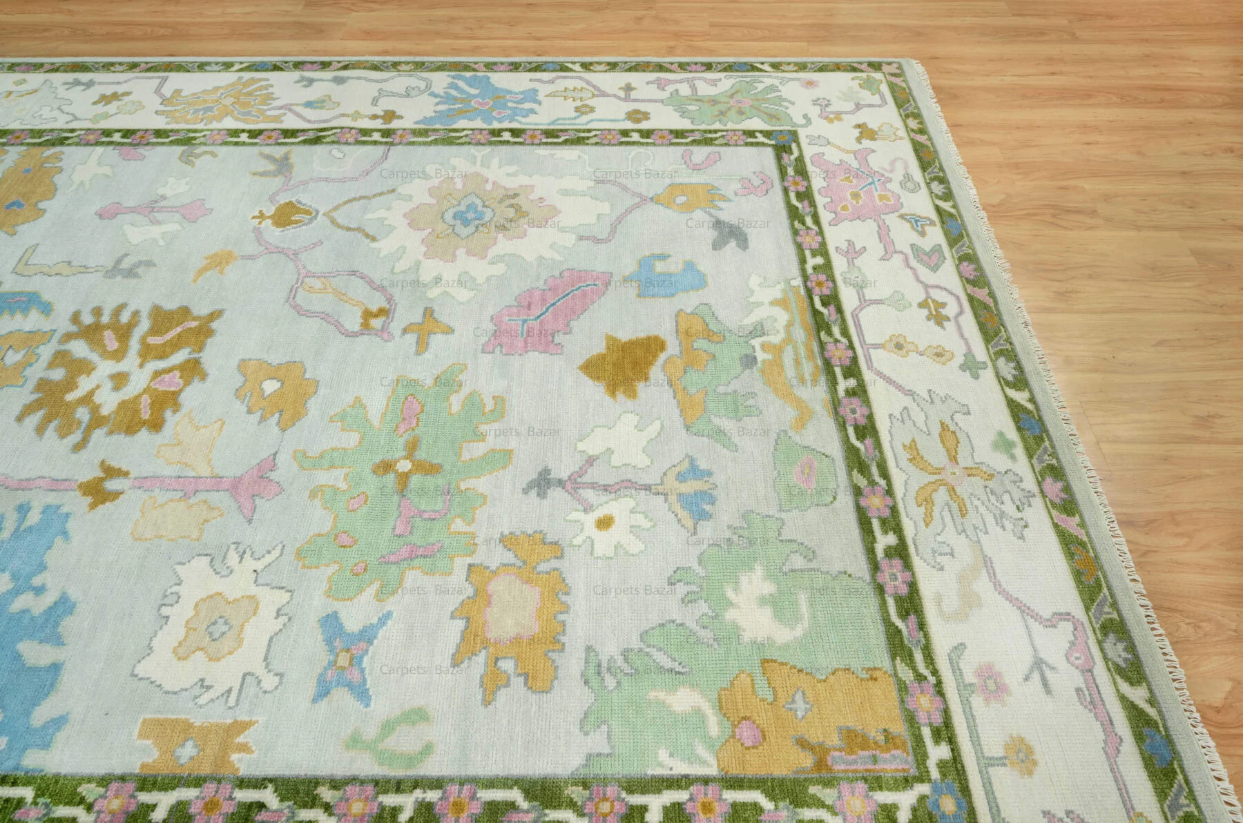 Sage & Gold Hand-Knotted Oushak Rug – Palmette & Rosette