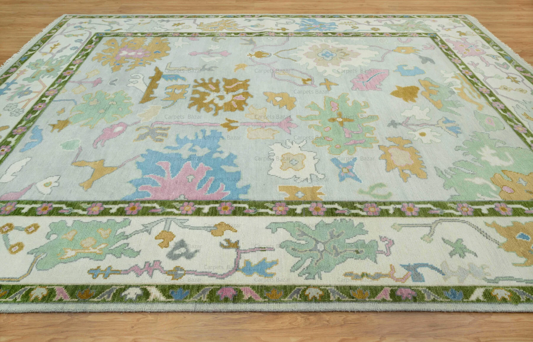 Sage & Gold Hand-Knotted Oushak Rug – Palmette & Rosette