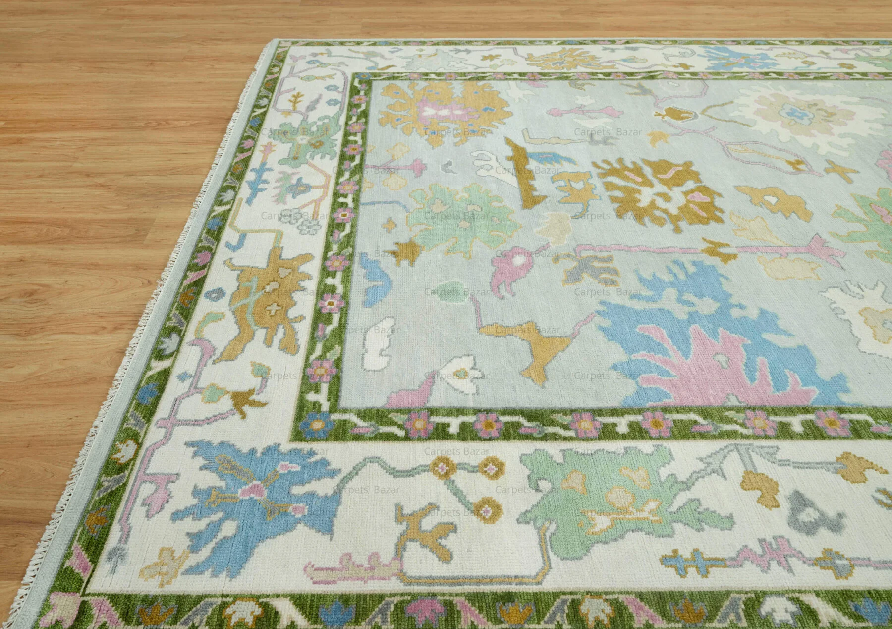 Sage & Gold Hand-Knotted Oushak Rug – Palmette & Rosette