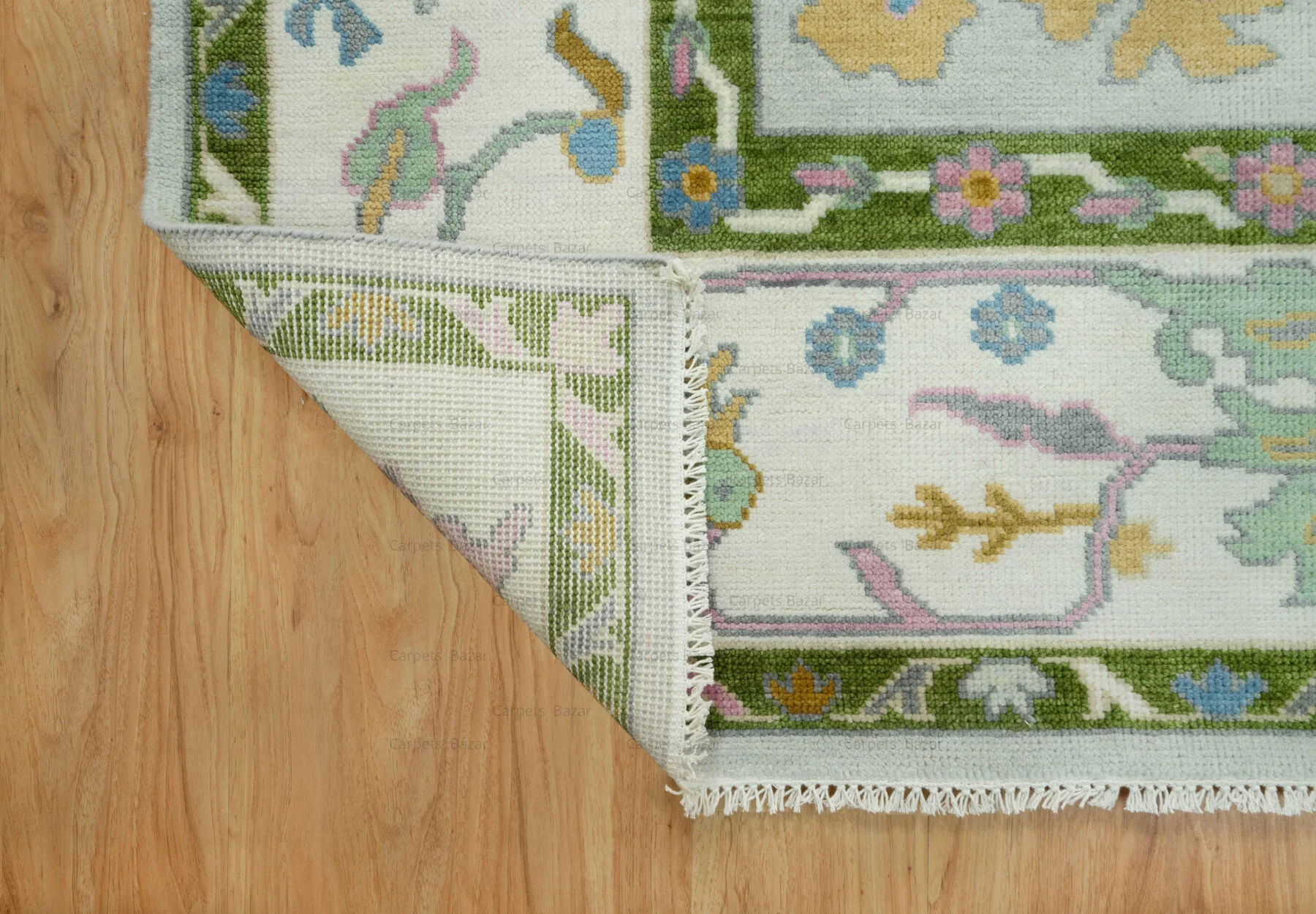 Sage & Gold Hand-Knotted Oushak Rug – Palmette & Rosette