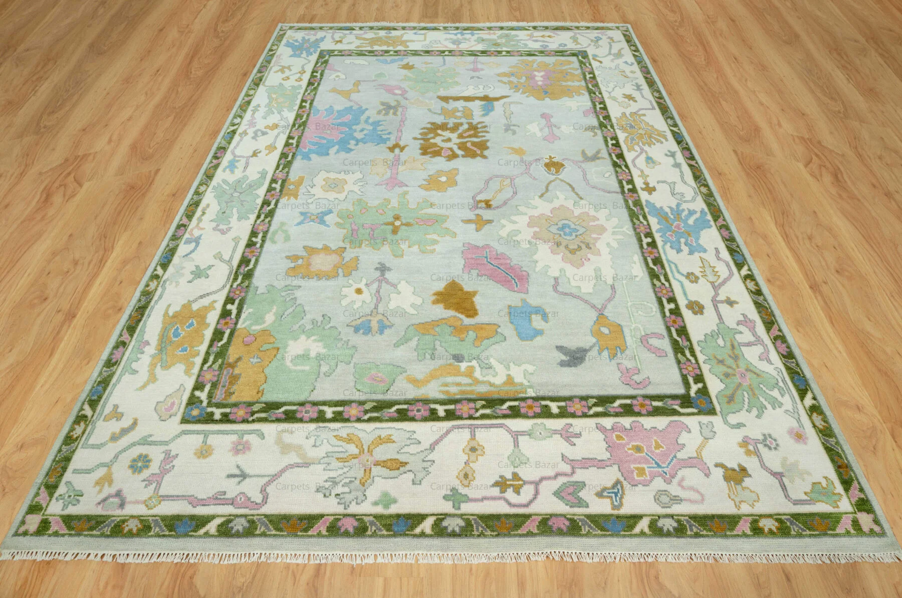 Sage & Gold Hand-Knotted Oushak Rug – Palmette & Rosette